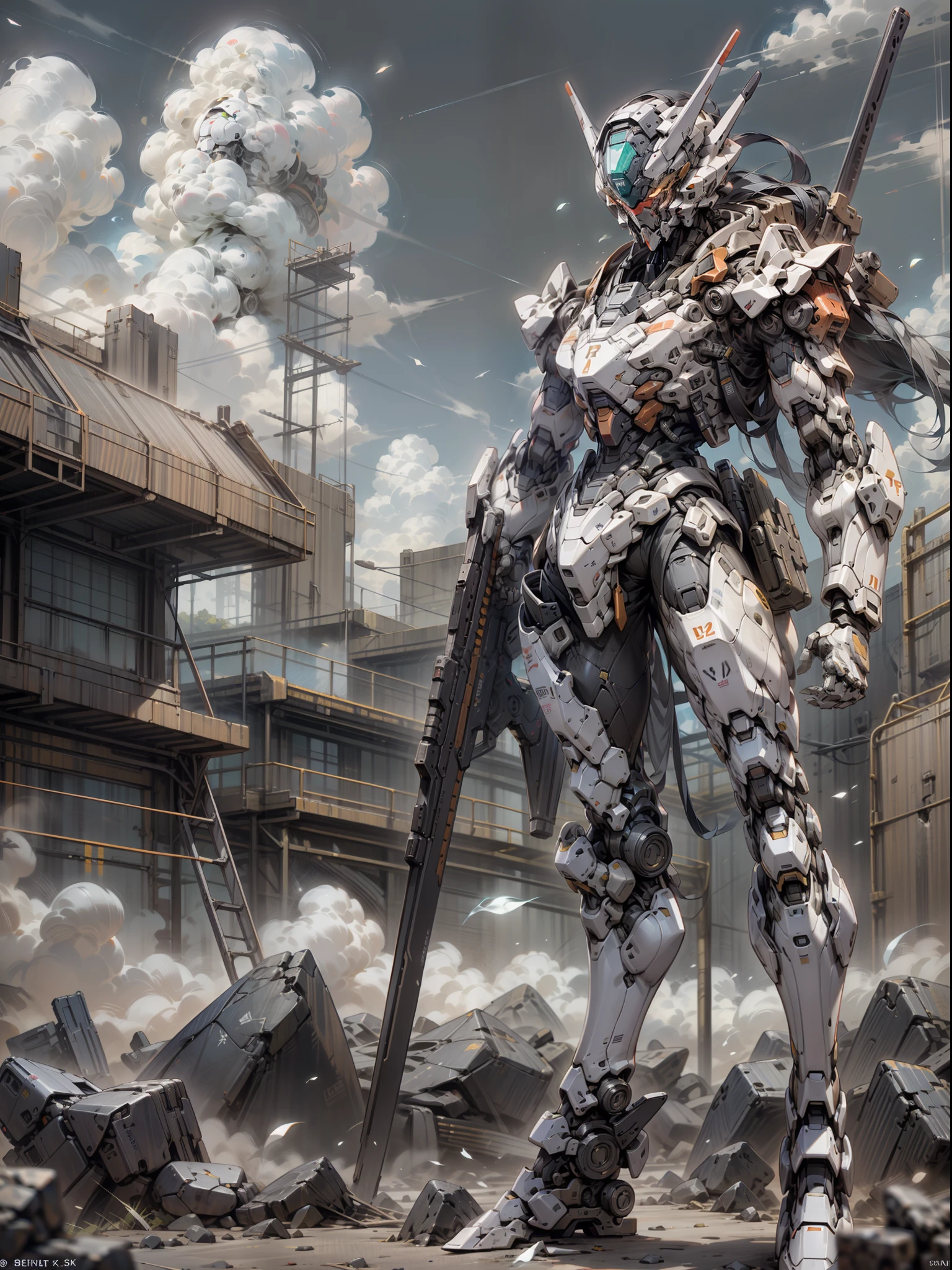 ((Best Quality)), ((Master Works)), (Very detailed: 1.3), 8K, cool painting, full of sci-fi, gunsmith, ghost gunsmith in black, heavy gundam, mask covering face, holding submachine gun in the air, super many machine gun weapons, heavy weapons, heavy machine guns, sniper rifles, cannons, Gatling machine guns scattered on the ground, carrying weapons and firearms, pistols on the waist, sniper rifles on the back, super cool ghost gunsmiths, weapon gods, Gundam humanoid mecha, Anime Mech Aesthetics, Perfect Body Proportions, Heads-Up View, Standing Pose, Military Giant Mech, Missiles, Rocks, Futuristic Technology, Realism, Clouds in the Sky, Dark Black War Background, Ray Tracing, Light Particles, NVIDIA Trtx, Super Resolution, Unreal 5, Subsurface Scattering, Specular and Albedo Maps, Rule of Thirds, Large Aperture, Battle Stance, 8K Raw Data, High Efficiency Subpixels, Subpixel Convolution, Light Particles, Light Scattering, Tyndall Effect, Ray Tracing.