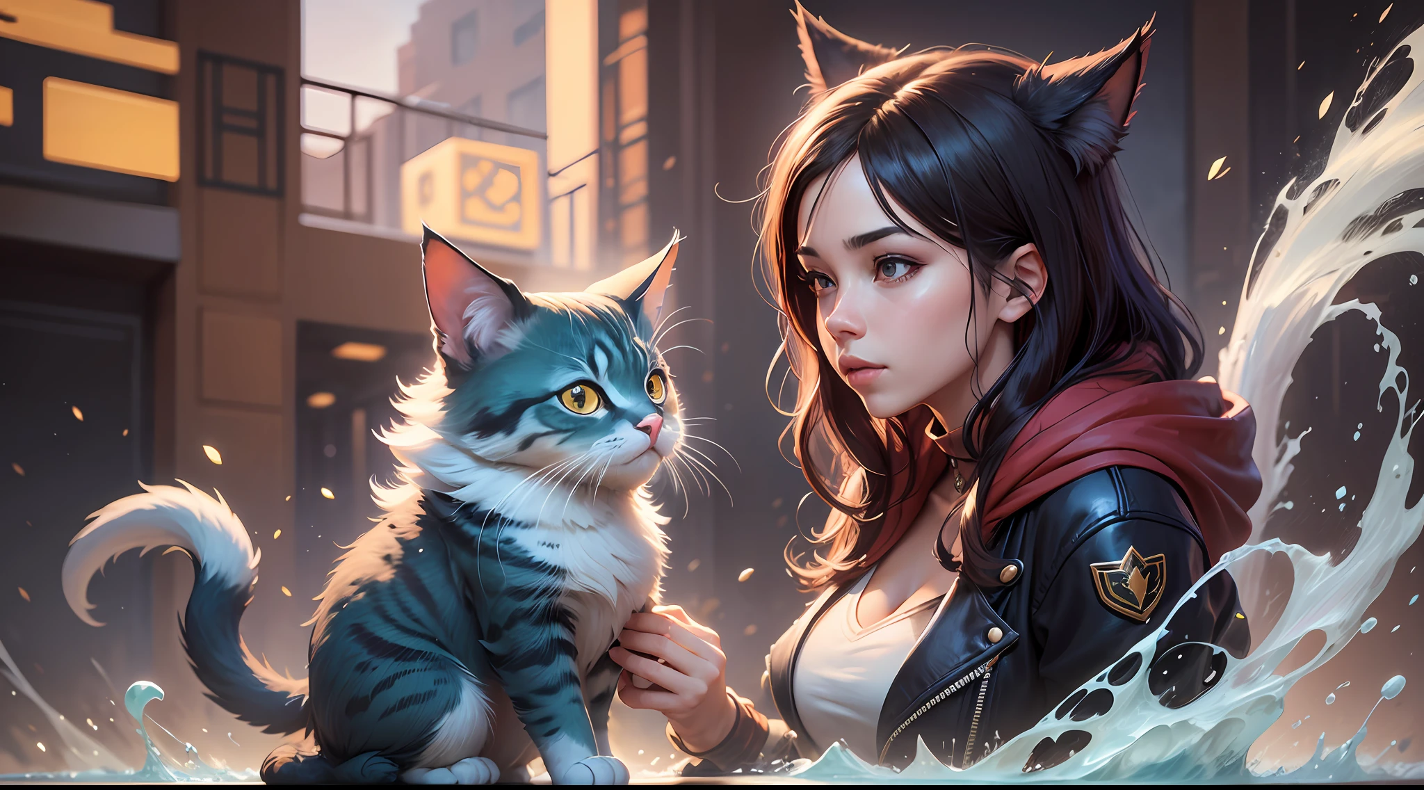 Splash Art Portrait of a Woman, Cute Cheeks, and Her Magical Cat, Yuumi, from League of Legends, Trends on ArtStation, by Rhads, Andreas Rocha, Rossdraws, Makoto Shinkai, Laurie Greasley, Lois van Baarle, Ilya Kuvshinov, and Greg Rukowski