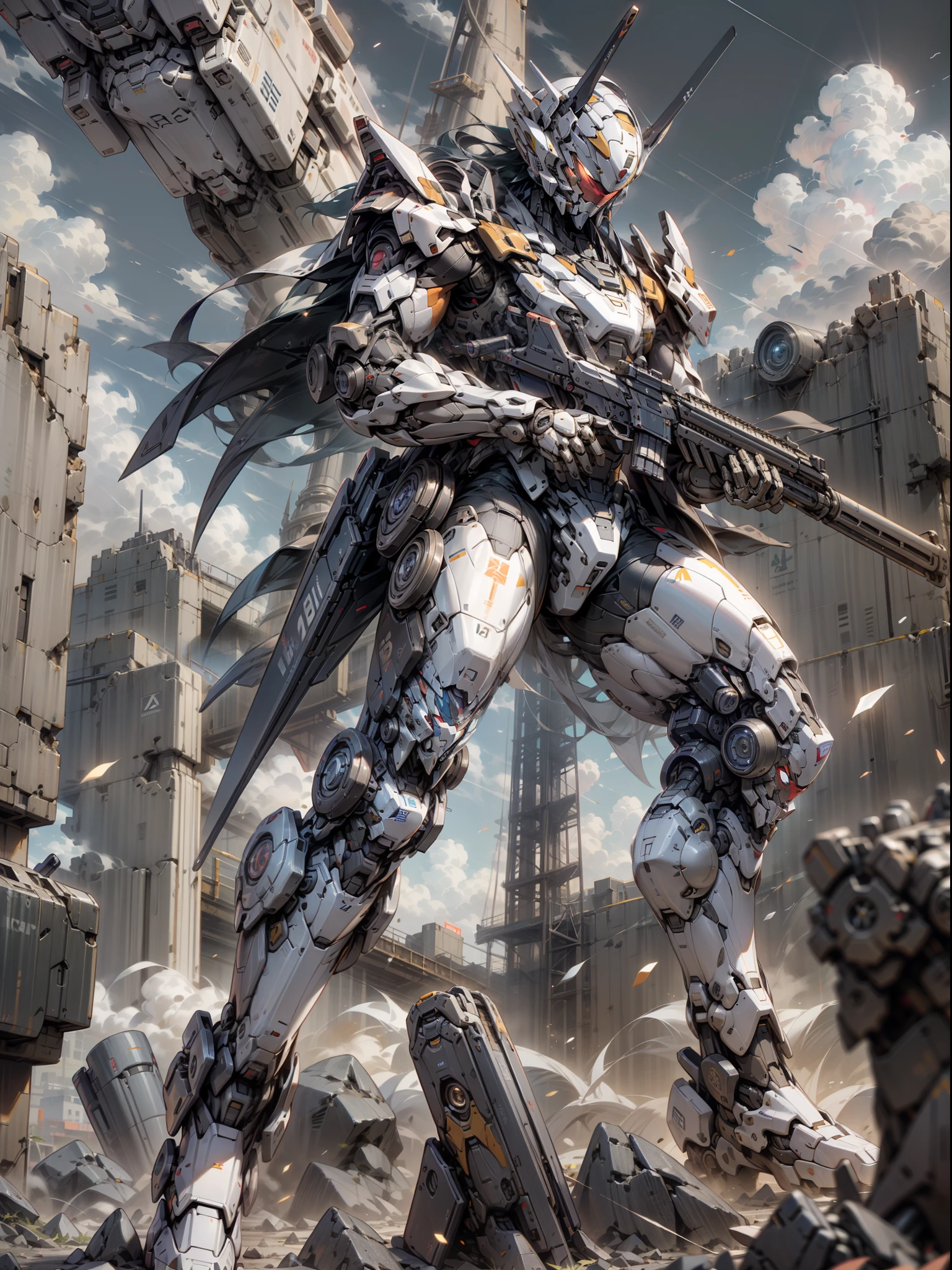 ((Best Quality)), ((Master Works)), (Very detailed: 1.3), 8K, cool painting, full of sci-fi, gunsmith, ghost gunsmith in black, heavy gundam, mask covering face, holding submachine gun in the air, super many machine gun weapons, heavy weapons, heavy machine guns, sniper rifles, cannons, Gatling machine guns scattered on the ground, carrying weapons and firearms, pistols on the waist, sniper rifles on the back, super cool ghost gunsmiths, weapon gods, Gundam humanoid mecha, Anime Mech Aesthetics, Perfect Body Proportions, Heads-Up View, Standing Pose, Military Giant Mech, Missiles, Rocks, Futuristic Technology, Realism, Clouds in the Sky, Dark Black War Background, Ray Tracing, Light Particles, NVIDIA Trtx, Super Resolution, Unreal 5, Subsurface Scattering, Specular and Albedo Maps, Rule of Thirds, Large Aperture, Battle Stance, 8K Raw Data, High Efficiency Subpixels, Subpixel Convolution, Light Particles, Light Scattering, Tyndall Effect, Ray Tracing.