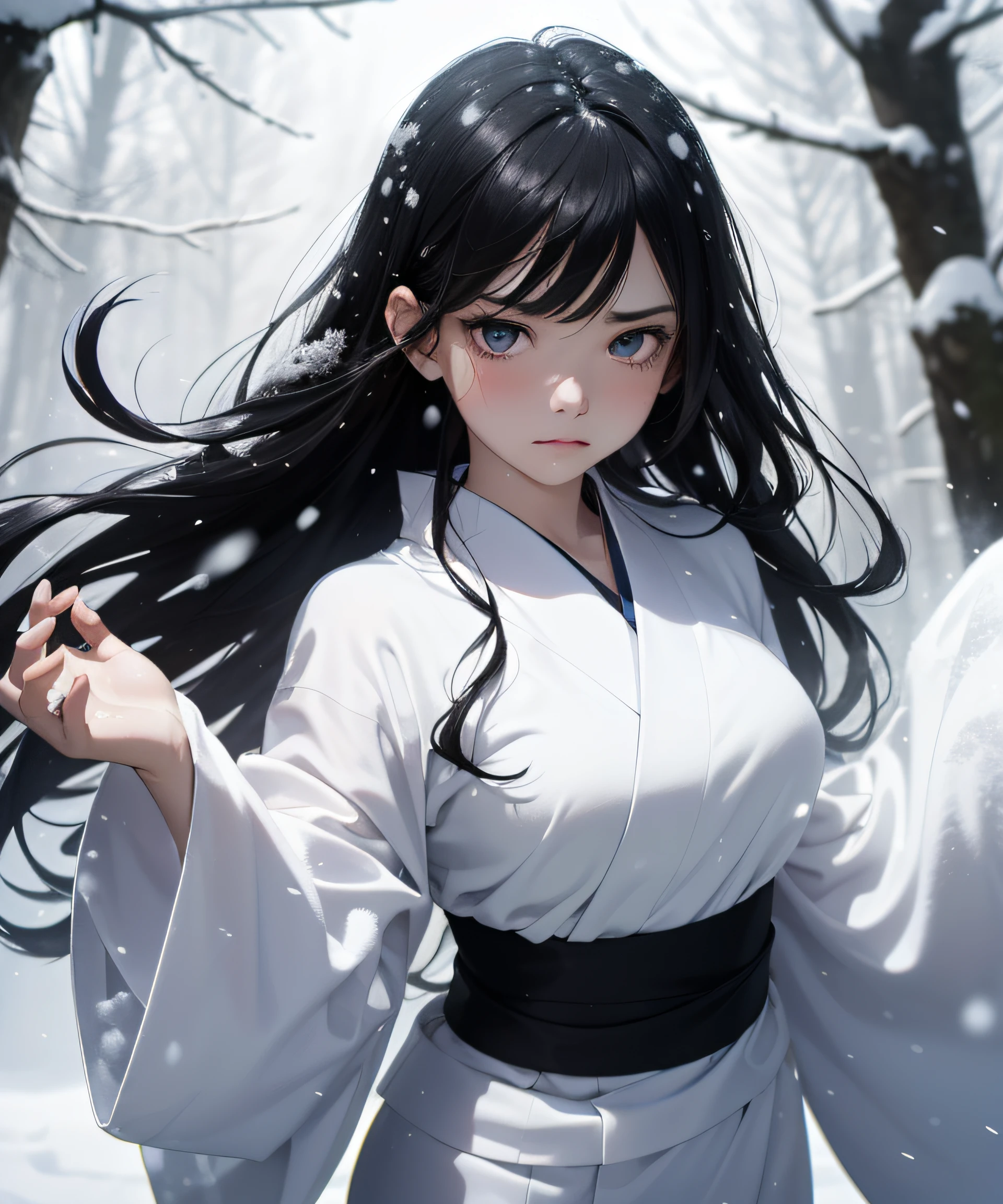Top Quality, Realistic, Jet Black Background, High Resolution, Soft Focus, (Snowfall: 1.5), (Haze: 1.5), (In the Deep Forest), (Snowfalling), ((Snow Light)), (Snow Storm)), (Snow Storm)))), (Ghost of a beautiful snow woman with jet-black long black hair in a white and silver yukata), Anger, Fury, Melancholy, Shaking black hair, Hair luster, Glowing skin, Beautiful and beautiful, Bewitching, Chaos, Depth of Field, (Ghost: 1.5), ((Lose yourself in anger and forget the cold)), ((Arms spread forward)), (Monochrome: 1.5), (Black and white: 1.5), (Platinum eyes glaring at you), (Gradually becoming transparent towards the lower body: 1.5)