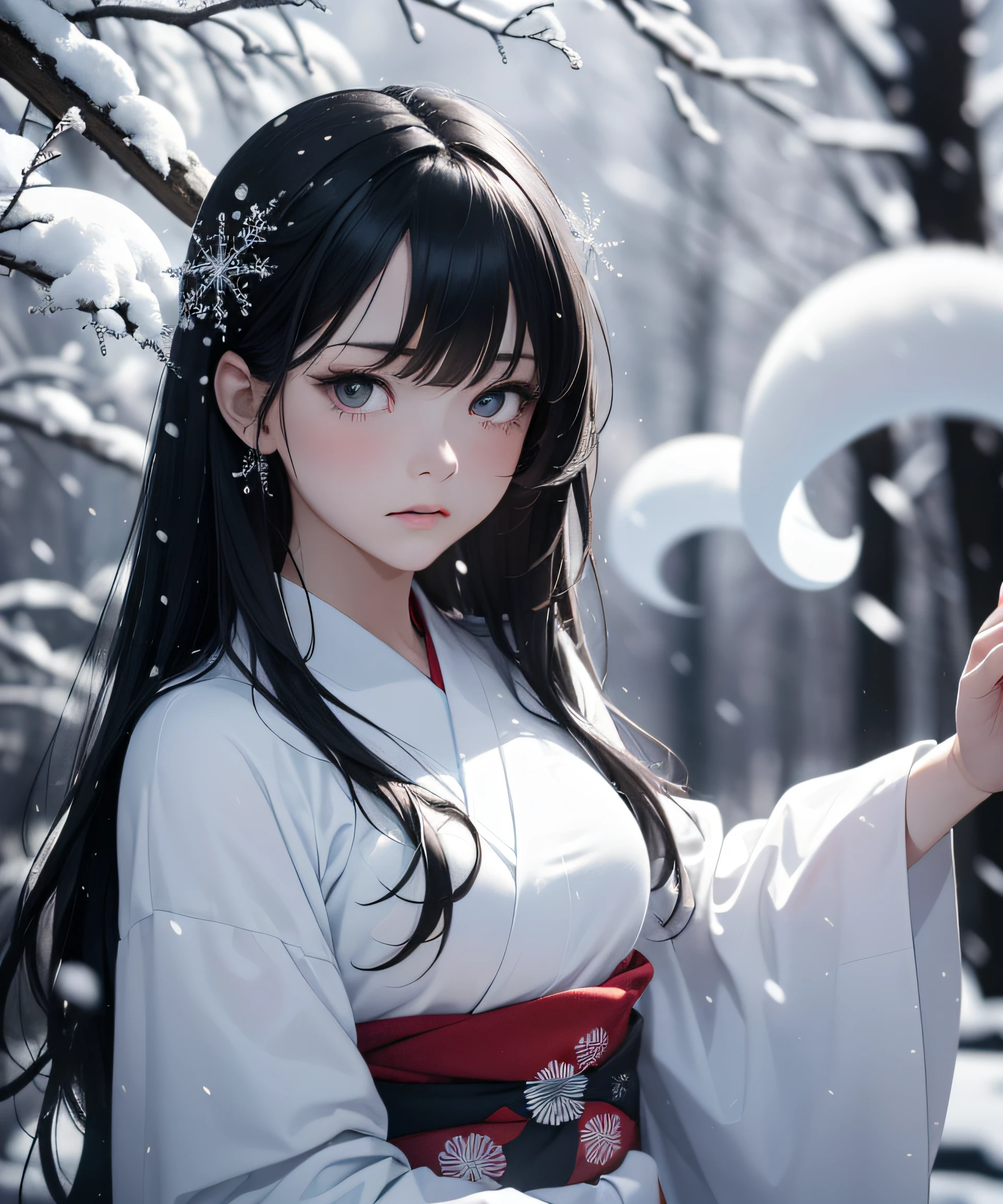 Top Quality, Realistic, Jet Black Background, High Resolution, Soft Focus, (Snowfall: 1.5), (Haze: 1.5), (In the Deep Forest), (Snowfalling), ((Snow Light)), (Snow Storm)), (Snow Storm)))), (Ghost of a beautiful snow woman with jet-black long black hair in a white and silver yukata), Anger, Fury, Melancholy, Shaking black hair, Hair luster, Glowing skin, Beautiful and beautiful, Bewitching, Chaos, Depth of Field, (Ghost: 1.5), ((Lose yourself in anger and forget the cold)), ((Arms spread forward)), (Monochrome: 1.5), (Black and white: 1.5), (Platinum eyes glaring at you), (Gradually becoming transparent towards the lower body: 1.5)