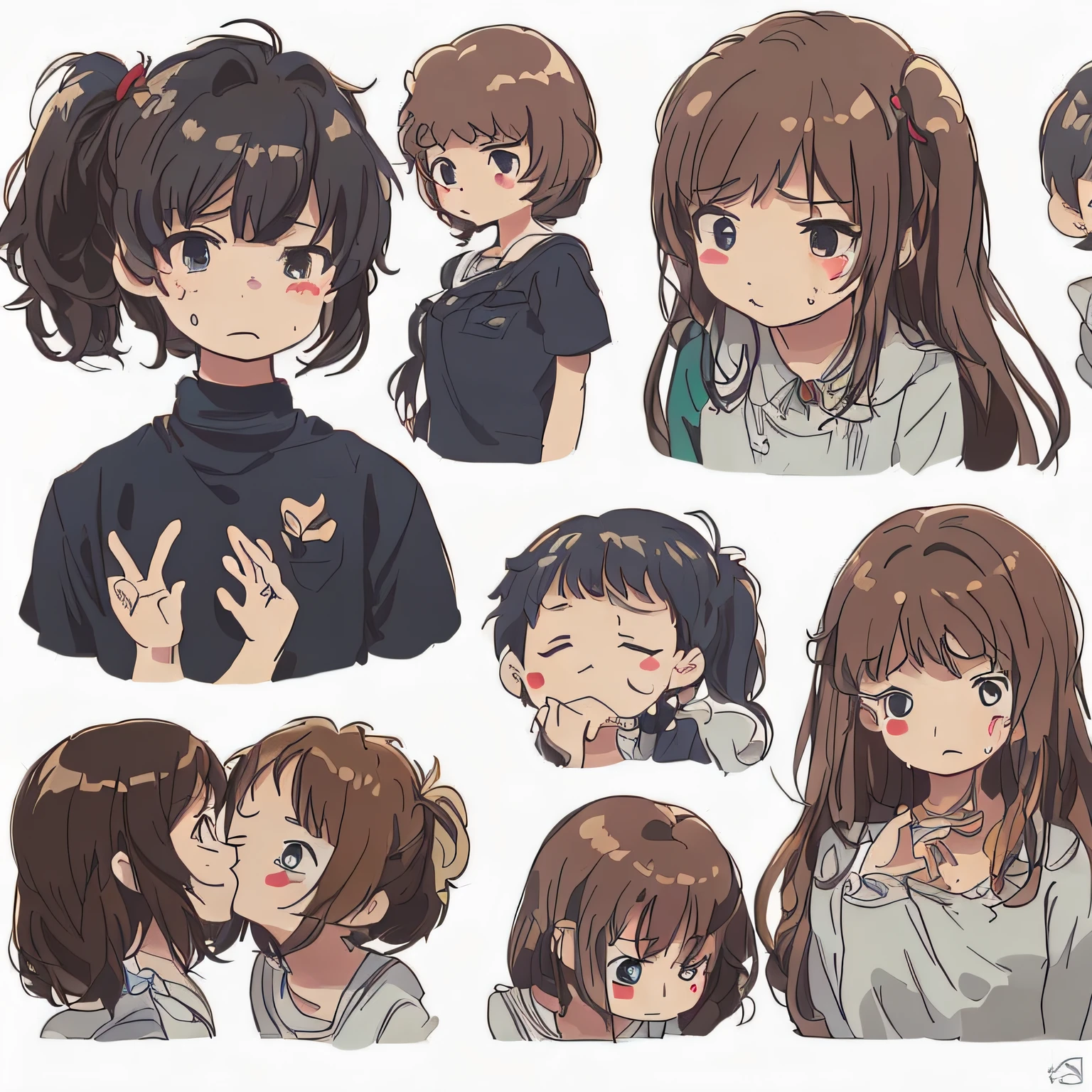 white background, character sheet, many angles, cute illustration, logo design, brown hair, boy and girl, impatience, impatience, sweat, tears, masterpiece, high quality