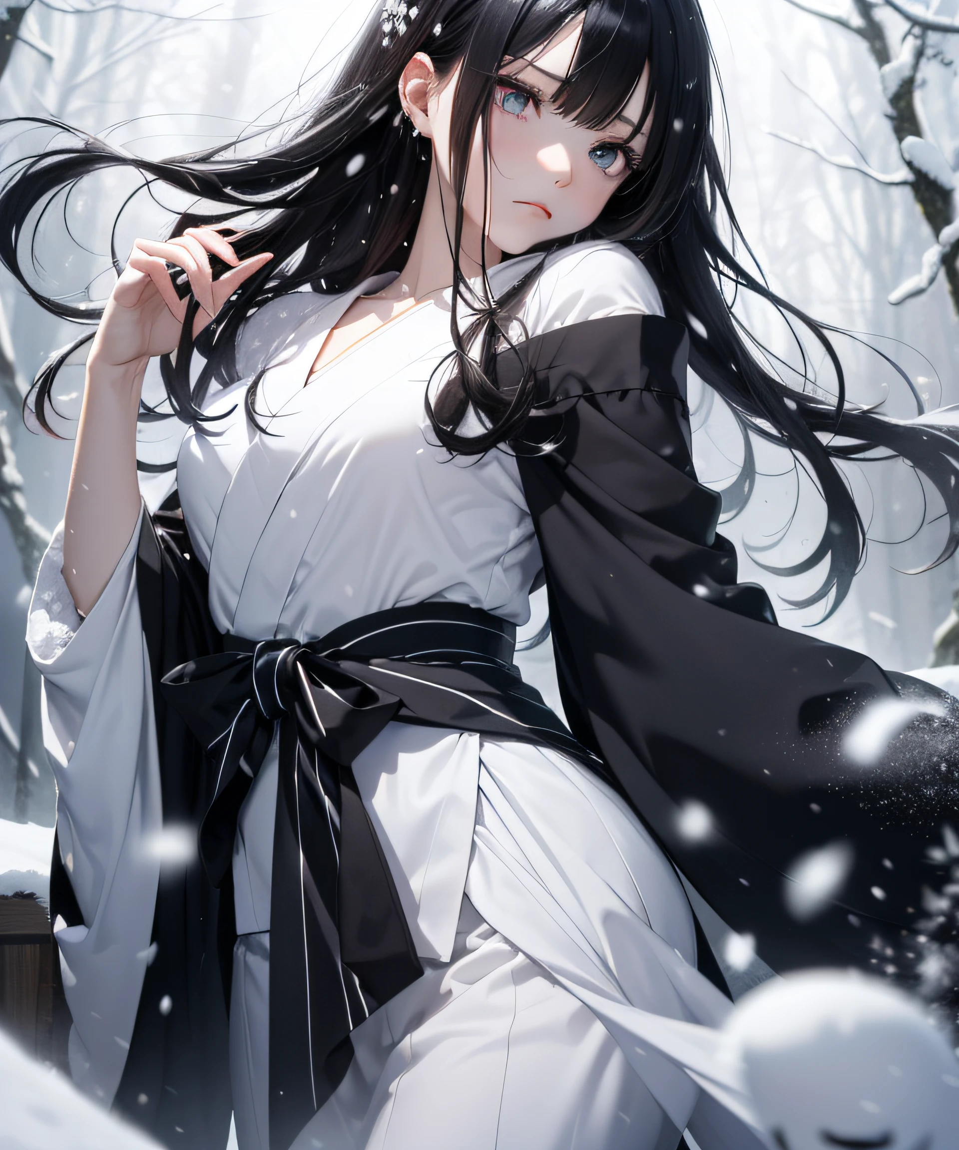 Top Quality, Realistic, Jet Black Background, High Resolution, Soft Focus, (Snowfall: 1.5), (Haze: 1.5), (In the Deep Forest), (Snowfalling), ((Snow Light)), (Snow Storm)), (Snow Storm)))), (Ghost of a beautiful snow woman with jet-black long black hair in a white and silver yukata), Anger, Fury, Melancholy, Shaking black hair, Hair luster, Glowing skin, Beautiful and beautiful, Bewitching, Chaos, Depth of Field, (Ghost: 1.5), ((Lose yourself in anger and forget the cold)), ((Arms spread forward)), (Monochrome: 1.5), (Black and white: 1.5), (Platinum eyes glaring at you), (Gradually becoming transparent towards the lower body: 1.5)
