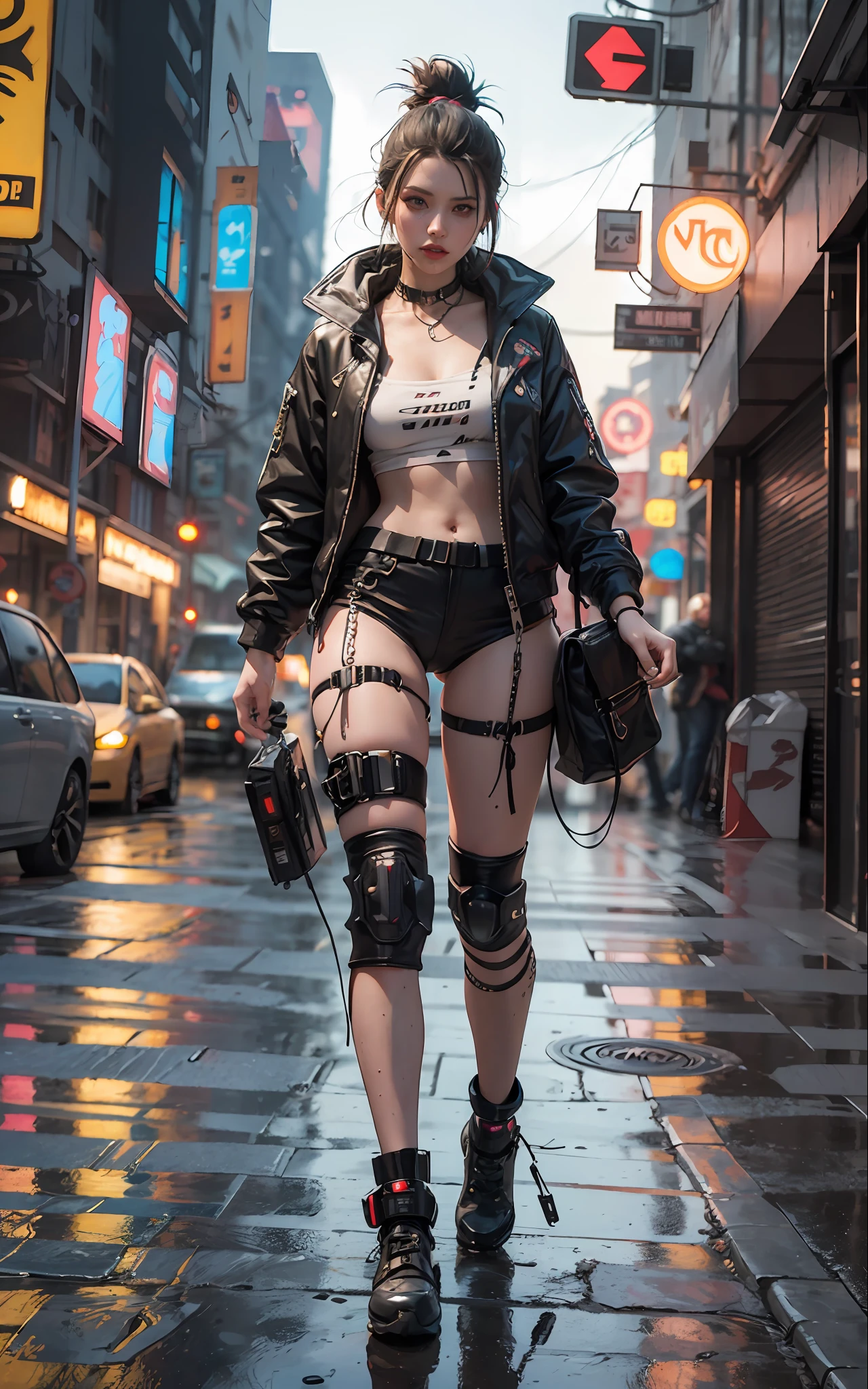 8k, best quality, (beauty), high resolution, realistic, real person, woman walking on wet street of city, cyberpunk art inspired by renmei, trending in cgsociety, digital art, cyberpunk 2 0 years old. o Model girl, cyberpunk style outfit, beautiful cyberpunk female model, ultra realistic cyberpunk style, cyberpunk fashion clothes, cyberpunk fashion, cyberpunk streetwear, cyberpunk city, cyberpunk style, cyberpunk high fashion, cyberpunk style