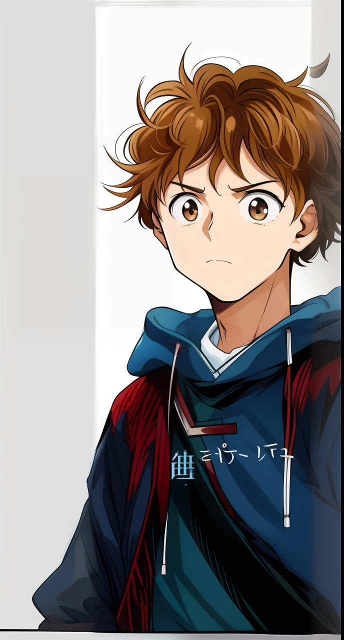 a anime of a man with a brown hair, dreamy, brooding, focus, jacket, color manga, manga color, color manga, color manga panel, simple background, a white background