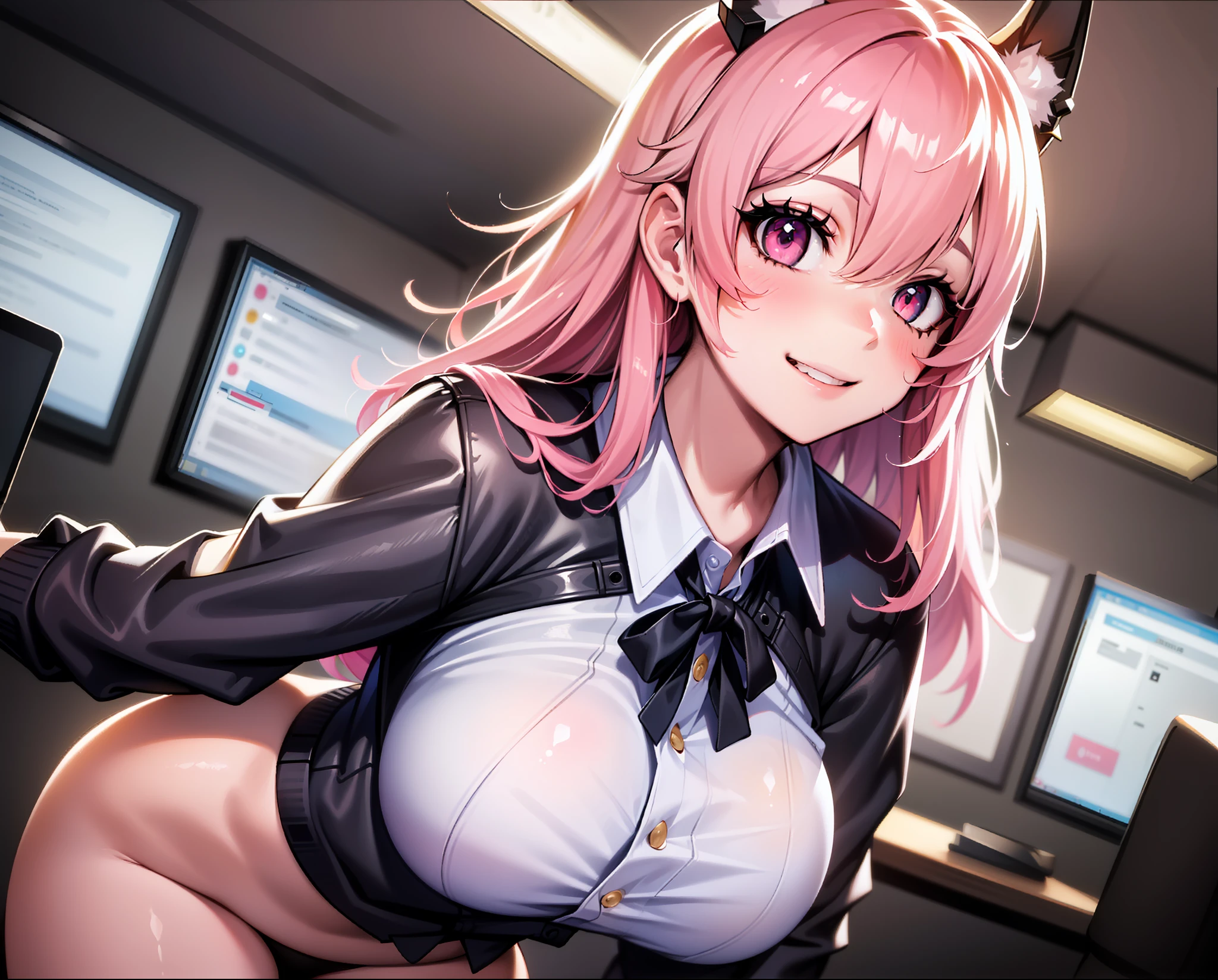 ((masterpiece, best quality)), (1girl),((mature female)), lightpink hair, halo, horn, ((office lady )),bangs,large breast,slim,smile, [wide hips],office,standing,