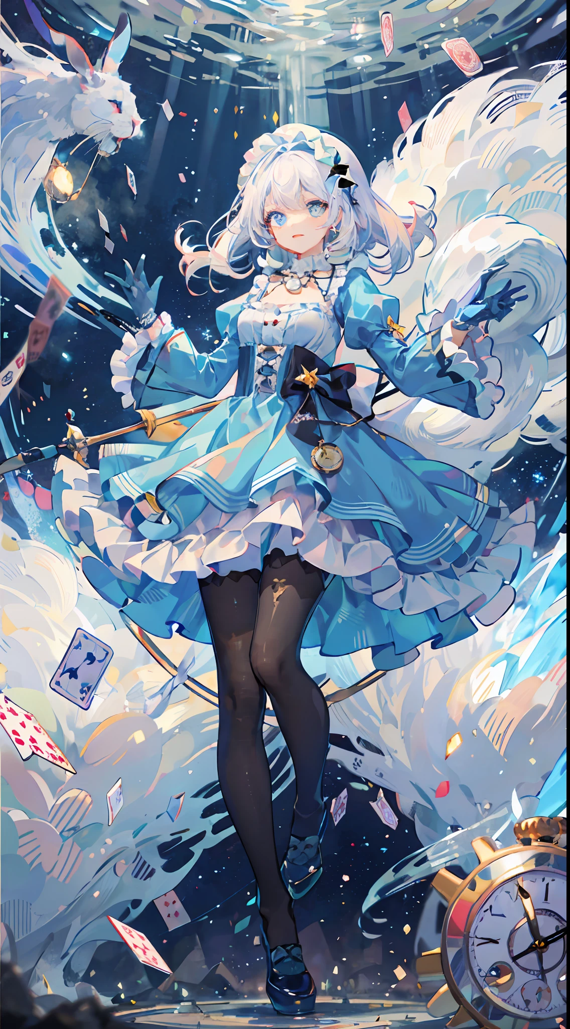 (Beautiful Detailed Eyes), Movie Lighting, White Hair, Blue Eyes, Long Blonde Hair, Curly Hair, Roman Curls, Puff Sleeves, Frills, Glowing Eyes, (Illuminated Particles), Cloudy Wrapper, Alice in Wonderland, Blue Eyes, Light Blue Dress, Cane, Dramatic Composition, Extreme Detail, High Resolution, Mr. Rabbit, White Rabbit, Pocket Watch, Playing Cards Flying in the Air, ****ta Dress, Blue and White Striped Stockings, Bow, Look at the Camera, Socks with Frills, Pearl Necklace, Lace Gloves, Large Bow Headdress, Ribbon, Jumping, falling, levitating, cloudy, starry, dreamy