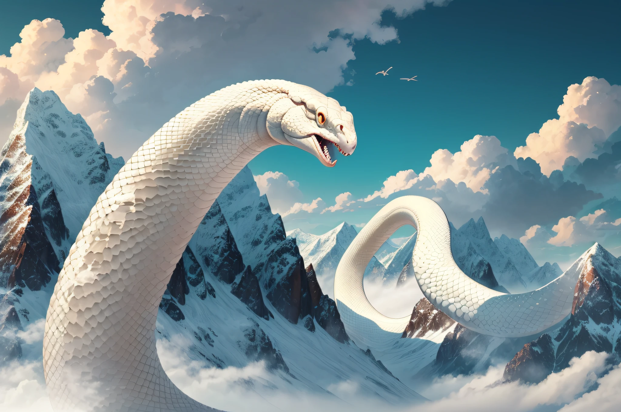 (long big snake), (beautiful and magnificent mountain, majestic sky), (very tense dramatic pictures, moving visual effects), (colorful natural light), (masterpiece), (best quality), (anime white snake), white snake facing the front, long white snake, white snake with big mouth open, giant white snake figure, mysterious white snake, white snake carrying good luck, in the mountains, high resolution 4K, mountain illustration, foggy mountain --auto --s2