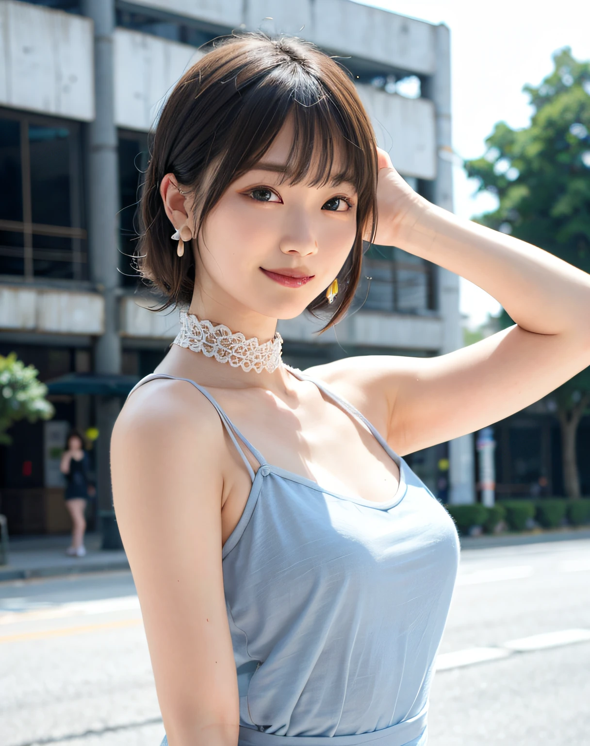 Woman posing on street corner wearing sheer lace dress, top quality, girl one, big breasts, sun, bright, blurred background, bokeh, outdoor, (street: 0.8), (people, crowd: 1), (cropped with lace) dress: 1.5, sleeveless dress, full body, light grey color clothes, light gray color high neck dress: 1.2, light gray color dress: 1.5), gorgeous ( Short hair, forehead: 1.2), sagging eyes, sky with beautiful details, earrings, (upper body: 0.8), soft lighting, wind, shiny skin, smile