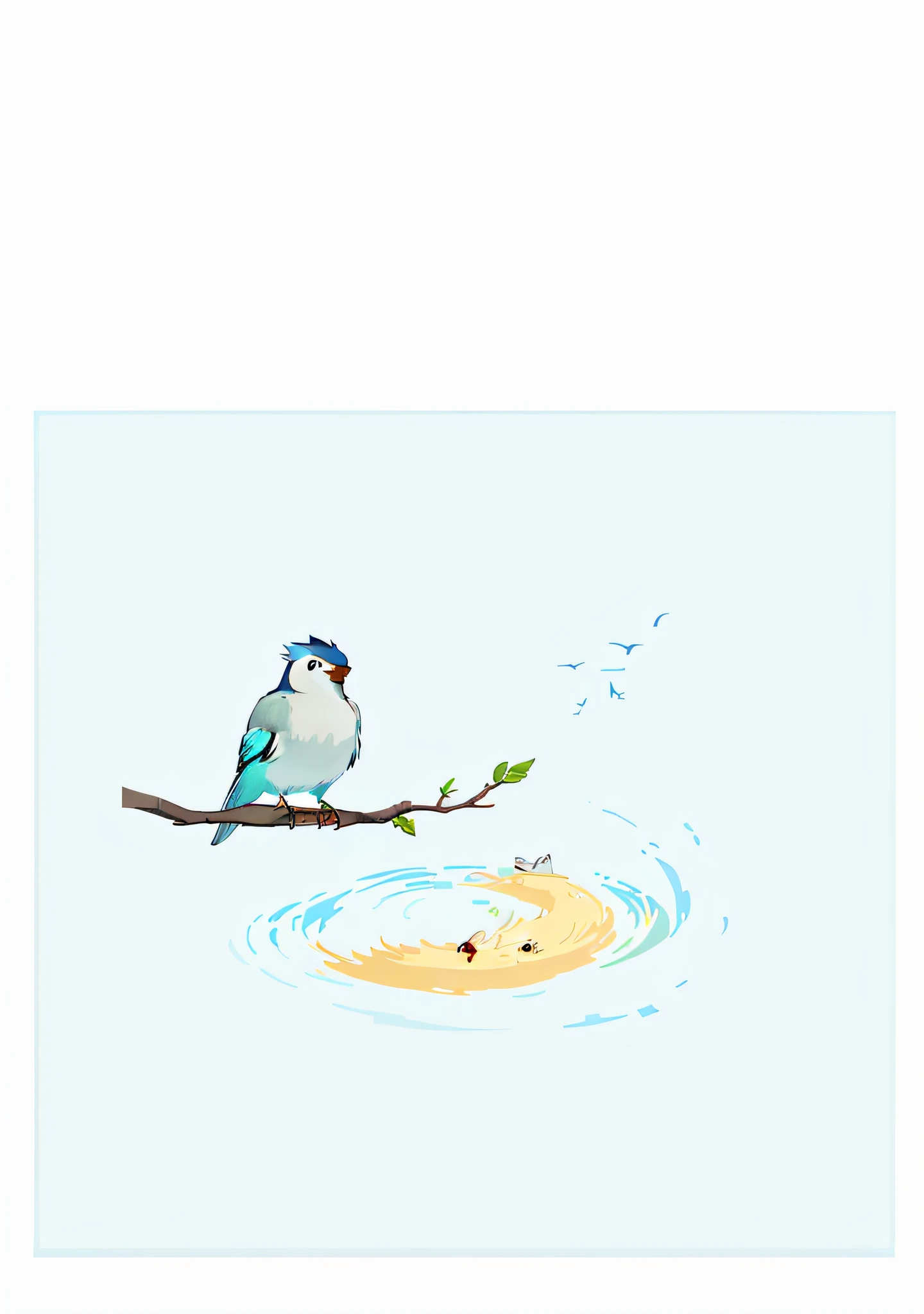 there is a bird sitting on a branch with a leaf in its beak, bird\'s eye view, a surrealistic bird, bird's eye, surrealistic bird, style of titmouse animation, bird flying out of water, birb, inspired by Gillis d'Hondecoeter, inspired by Ohara Koson, inspired by Paul Bird