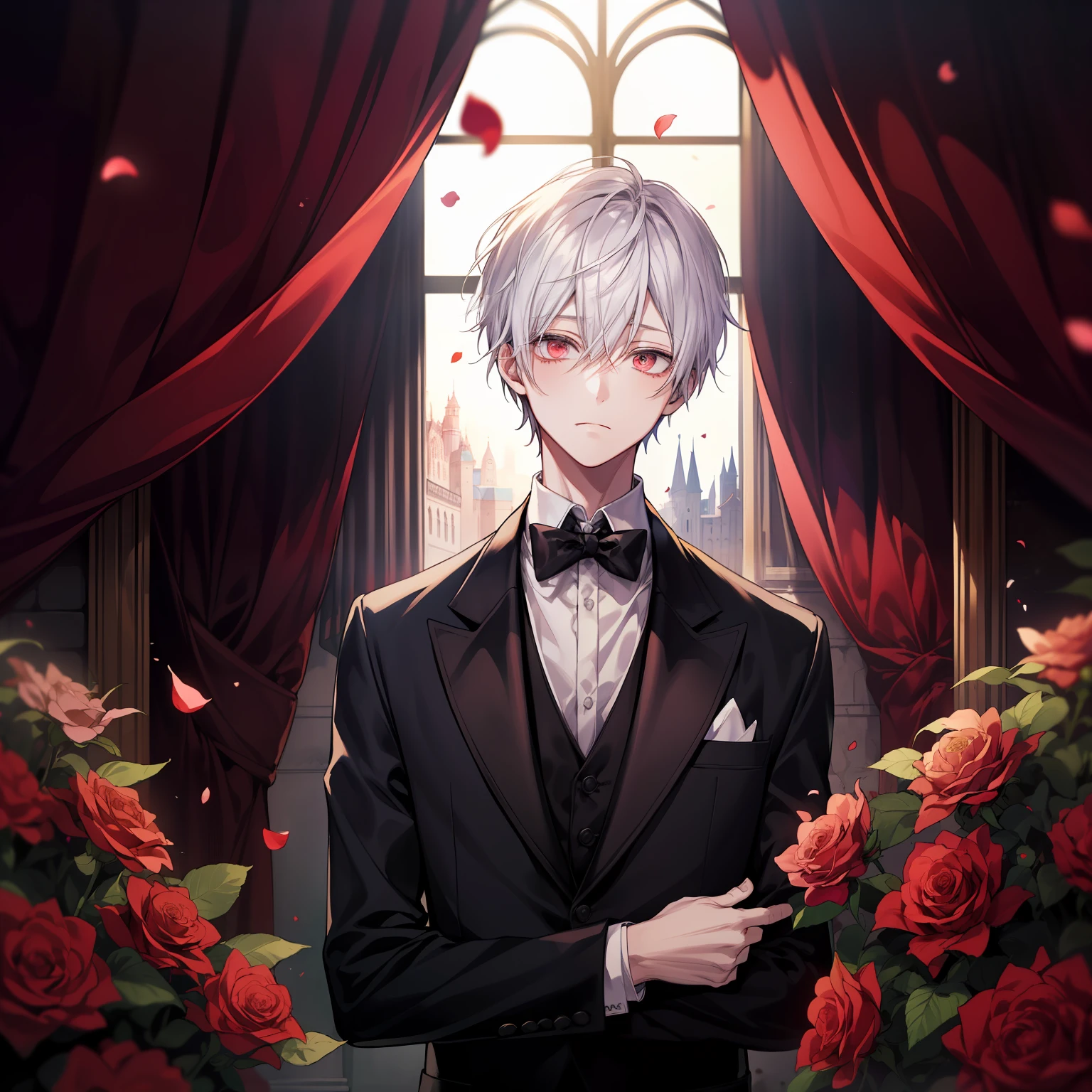 (high-quality, breathtaking),(expressive eyes, perfect face), 1boy, solo, short, young boy, short white hair, red eyes, black butler suit, wear short shorts, red roses, castle, dark, butler, dark background, curtains, petals, sad