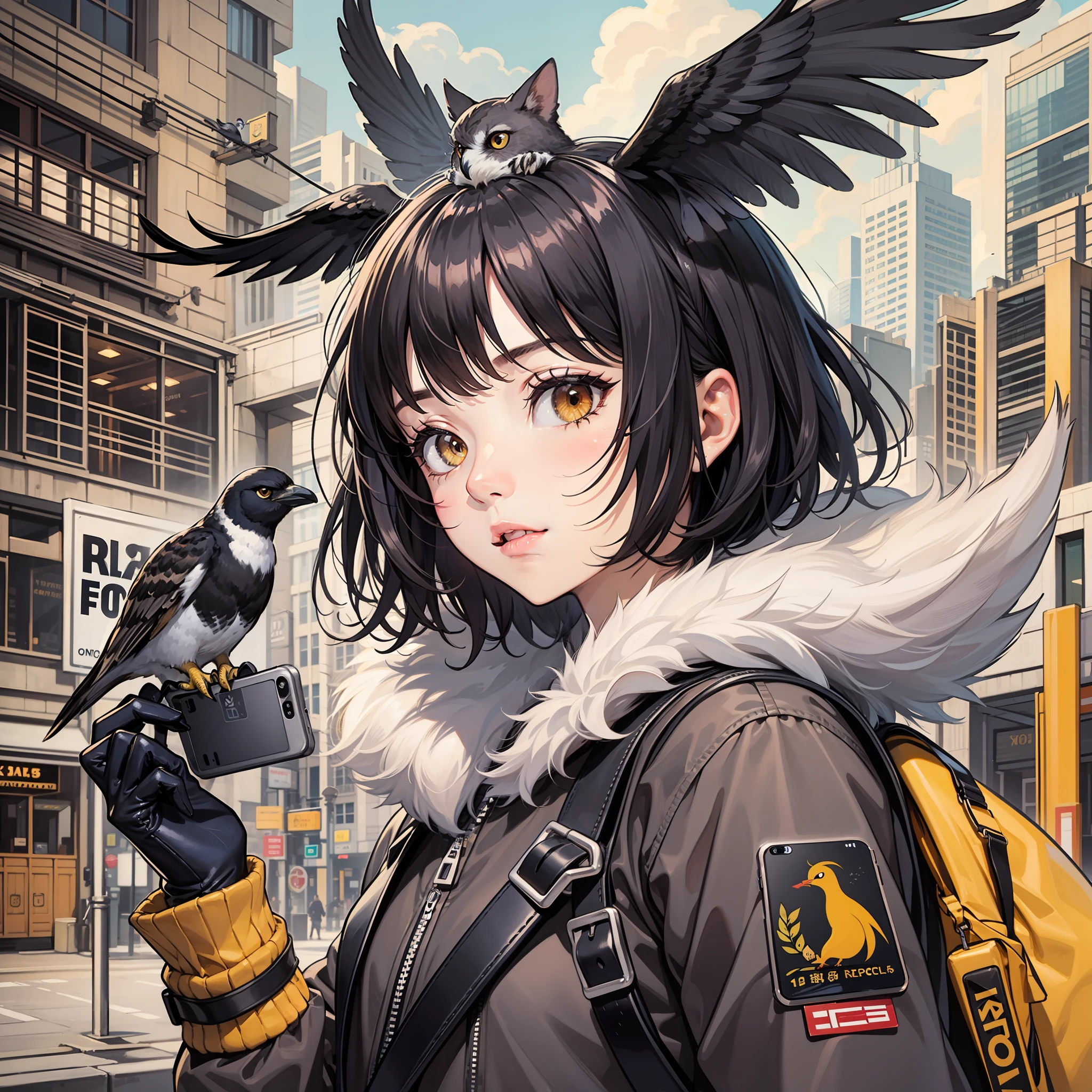 bird, cat, animal, crow, gloves, owl, animal_on_shoulder, black_cat, box, orange_eyes, 1girl, fox, bag, jacket, holding_box, holding_animal, eagle, animal_on_head, holding_cat, phone, holding, black_gloves, penguin, backpack, cellphone, bird_on_head, smartphone, short_hair, yellow_eyes, holding_phone