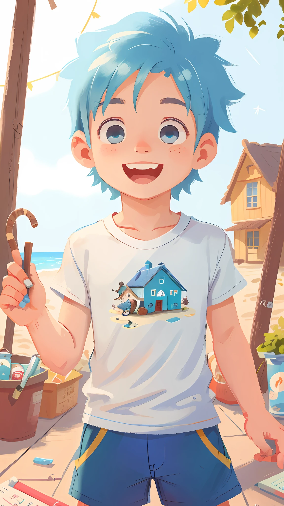 A boy, beach, happy, happy, light blue hair, blue eyes, plain white T-shirt, blue shorts, perfect quality, clear focus (clutter - house: 0.8), (masterpiece: 1.2) (realistic: 1.2) (bokeh) (best quality) (detailed leather: 1.3) (intricate details) (8K) (detail eyes) (sharp focus), (happy)