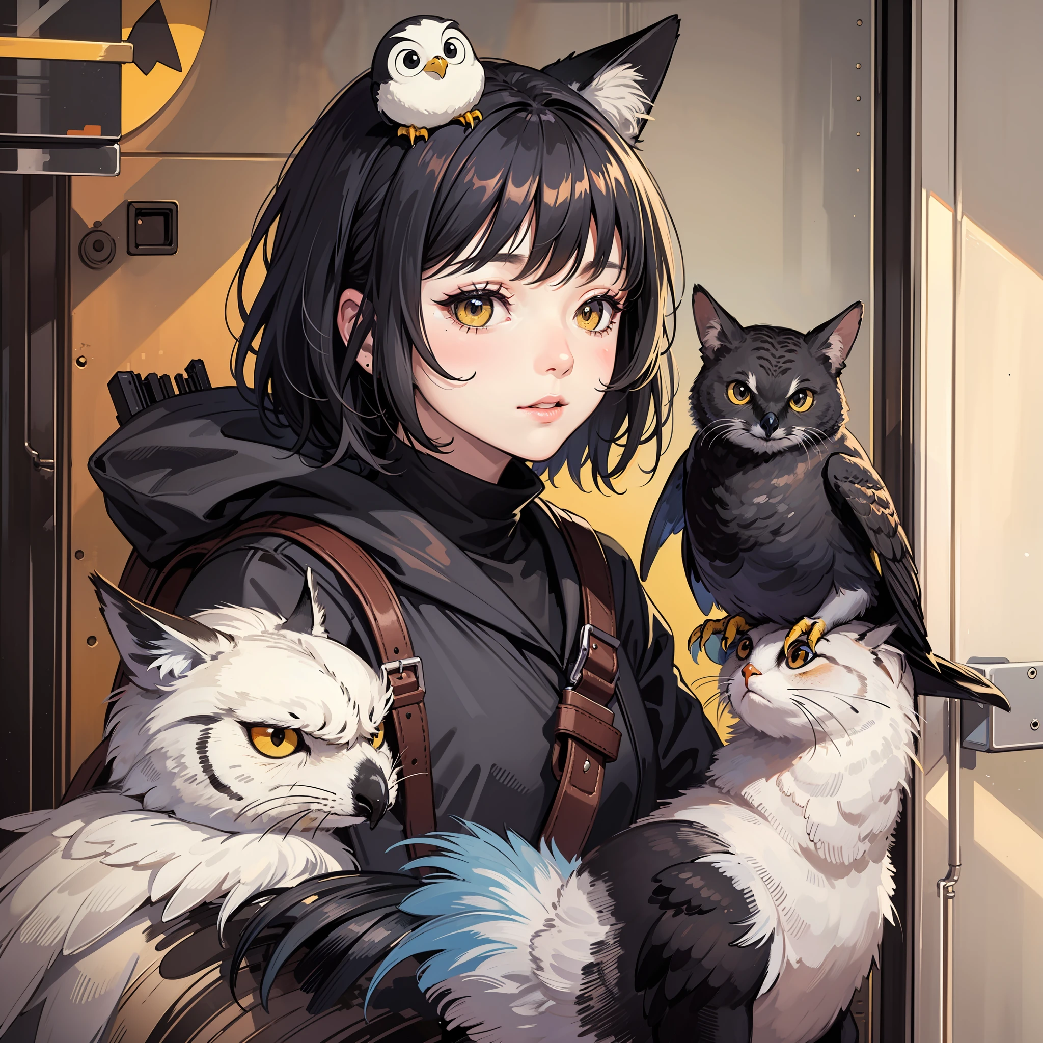 bird, cat, animal, crow, gloves, owl, animal_on_shoulder, black_cat, box, orange_eyes, 1girl, fox, bag, jacket, holding_box, holding_animal, eagle, animal_on_head, holding_cat, phone, holding, black_gloves, penguin, backpack, cellphone, bird_on_head, smartphone, short_hair, yellow_eyes, holding_phone