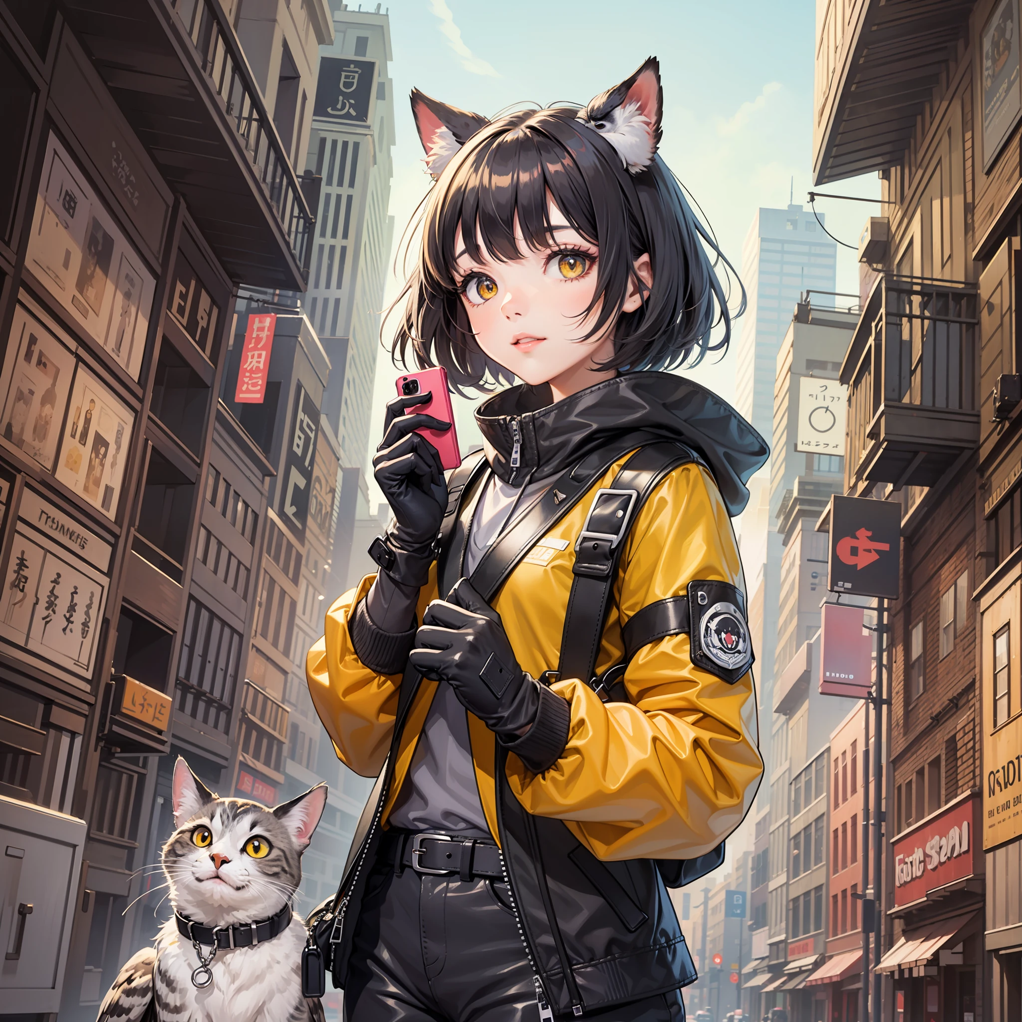 bird, cat, animal, crow, gloves, owl, animal_on_shoulder, black_cat, box, orange_eyes, 1girl, fox, bag, jacket, holding_box, holding_animal, eagle, animal_on_head, holding_cat, phone, holding, black_gloves, penguin, backpack, cellphone, bird_on_head, smartphone, short_hair, yellow_eyes, holding_phone