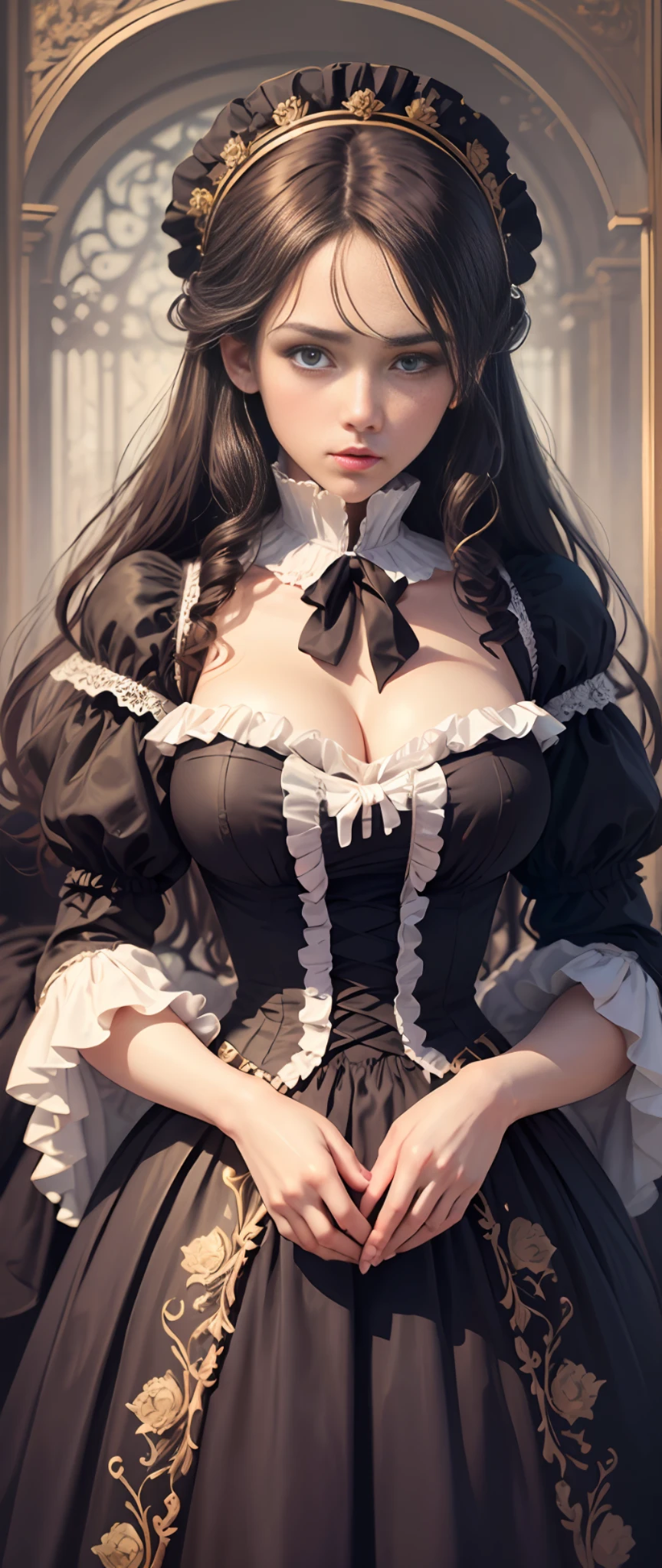 (Pure Color: 0.9), (Color: 1.1), (Masterpiece: 1,2), Best Quality, Masterpiece, High Resolution, Original, Highly Detailed Wallpaper, Beauty, Beauty, Victorian, Dress, Melancholy, Big Breasts, --auto --s2