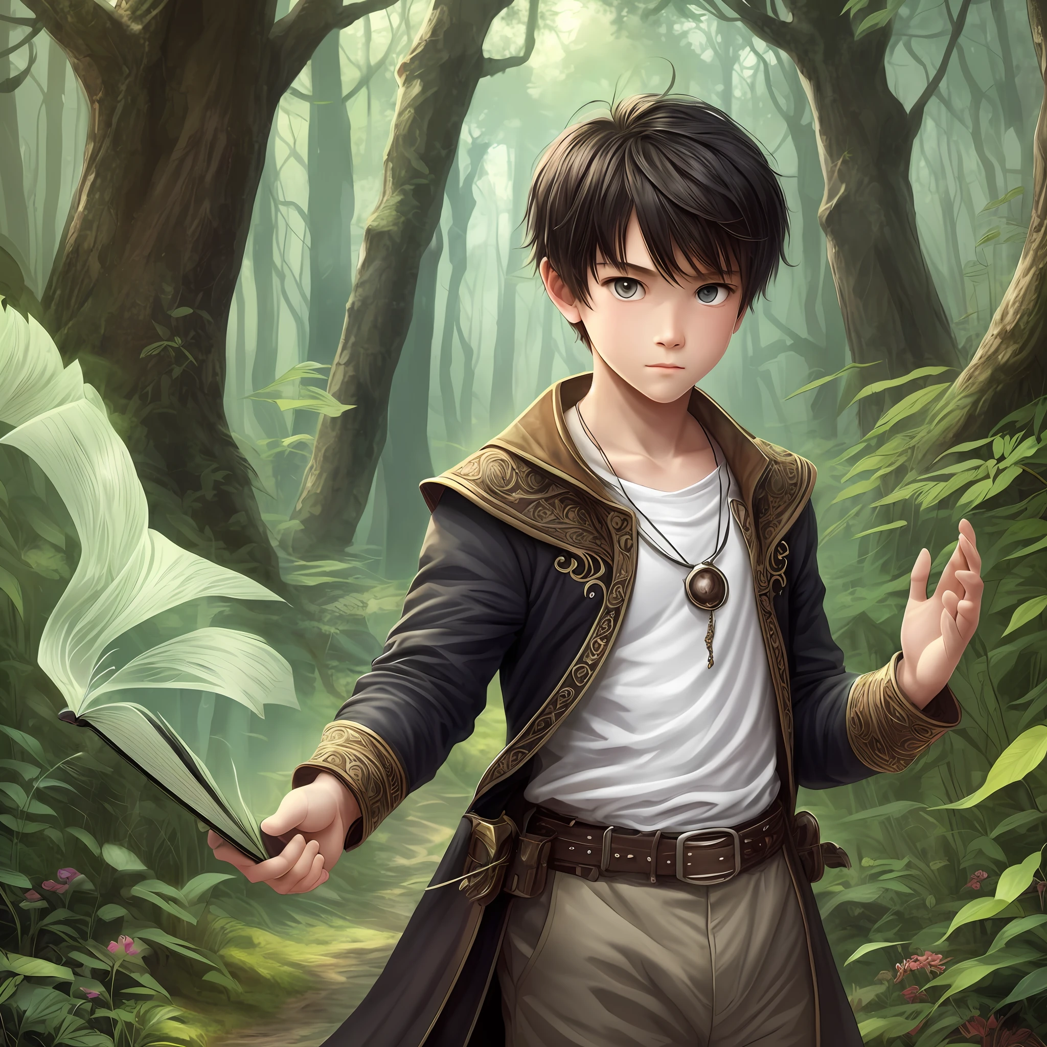 Create book cover with the theme: The Adventures of Neo: The Mystery of the Enchanted Forest in drawing a white boy of 10 years, wearing a surprisingly detailed medieval outfit. Her short black hair. He has expressive brown eyes --auto --s2