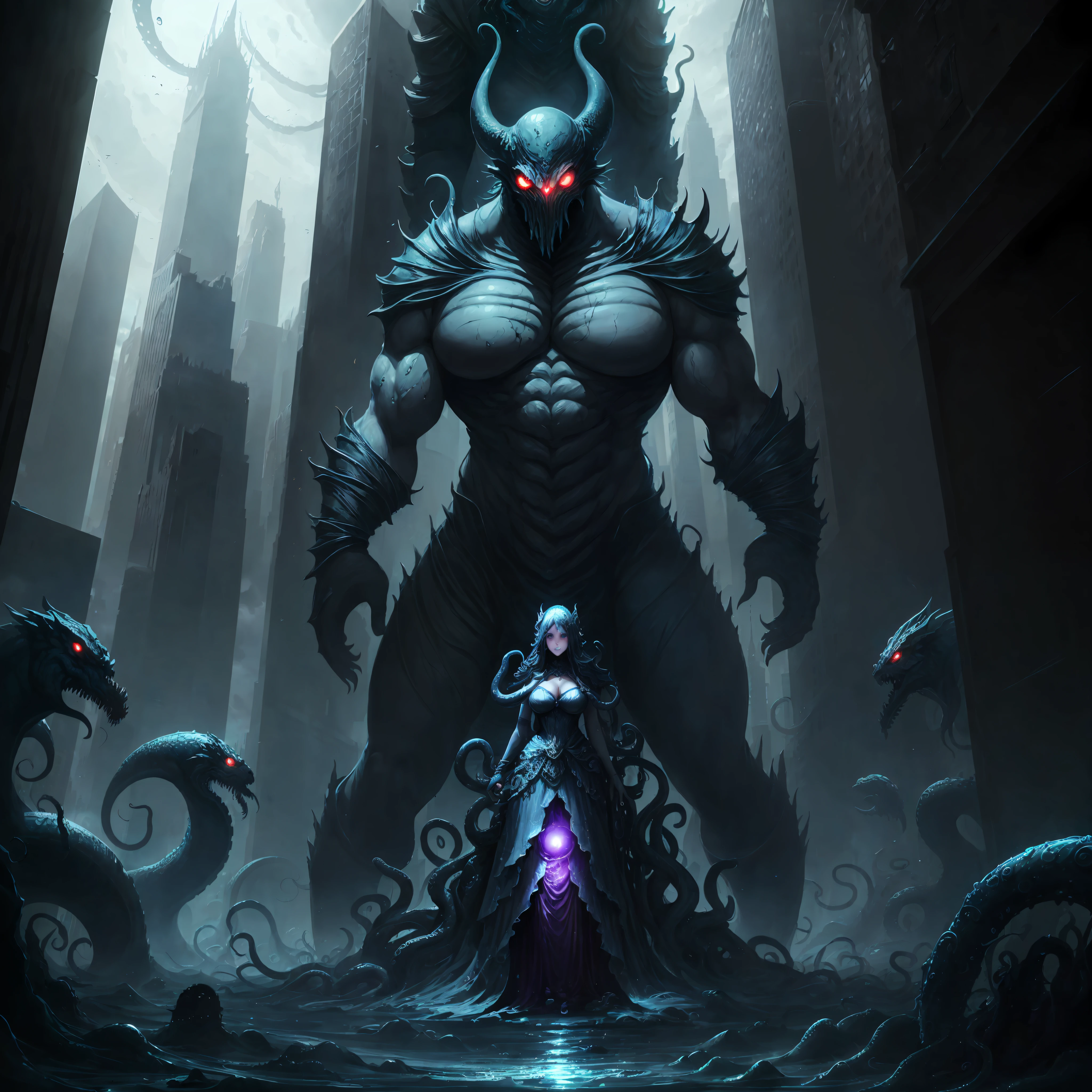 A tentacle man holding four breasts behind his back tentacle girl, goddess, royal sister, slime, parasitic devouring, mucus, nausea, blush and shyness, big breasts, super tall female monster, female monster standing by a tall building, giant female monster man, female monster, huge banshee, behemoth, huge sense of oppression, terrifying beauty, --auto