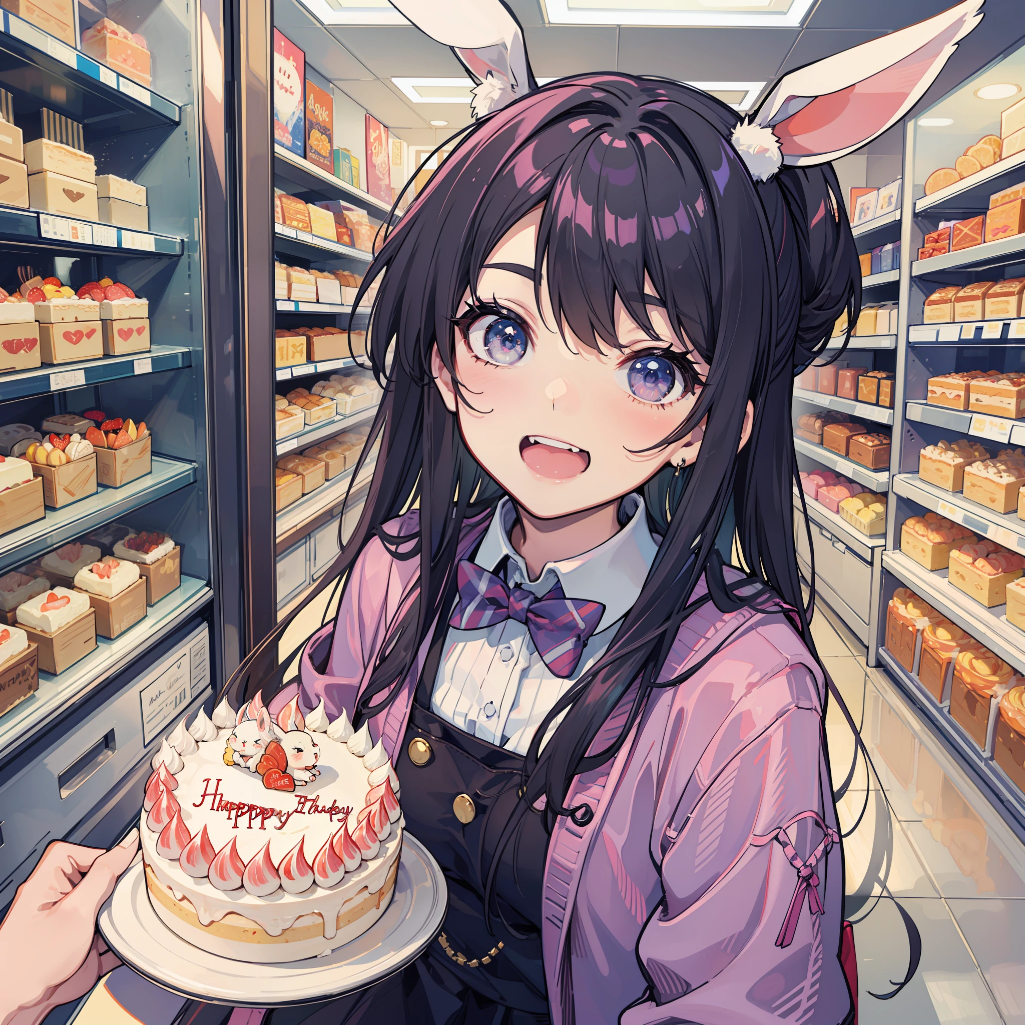 Rabbit-eared girl Eat cake Open mouth smile In store