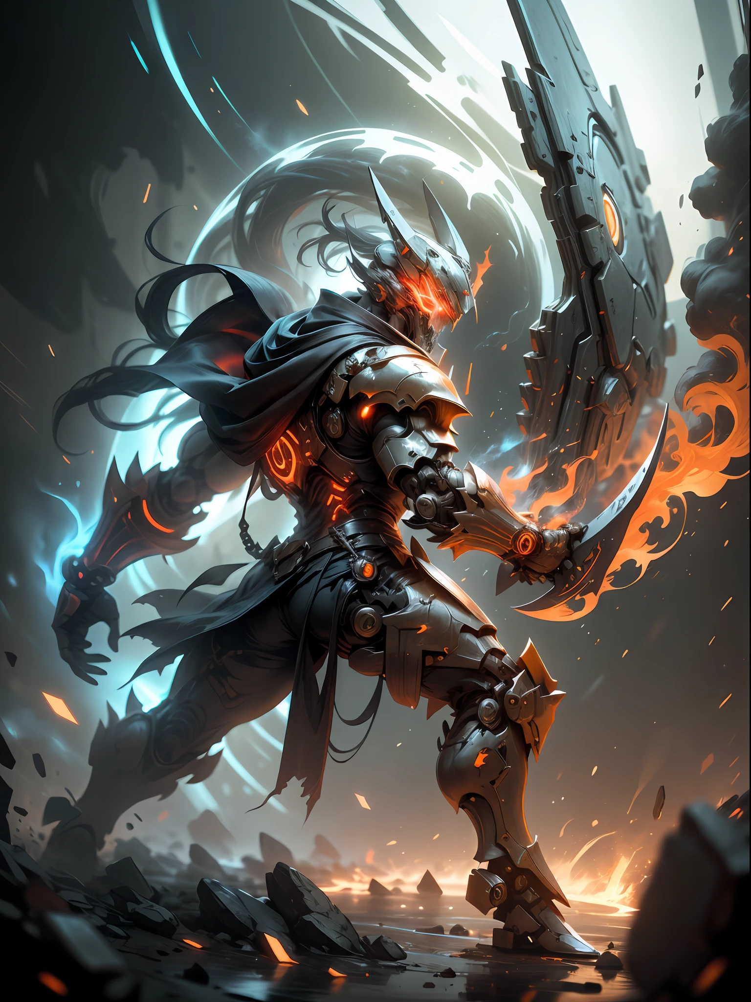 Ghost Fighter with Huge Fistholster, Super Cool Ghost Fighter, Has Huge Red Fist, Boxer, Red Mechanical Fist, Wearing Orange Mechanical Armor, Smoke Surrounding, Fighting Posture, Imposing Walking, Frontal View, Perfect Body Proportions, Tall Figure, Full Body Photo, Super Detail, Realistic, Shiny, Reflective, Bioluminescent, Galactic Cybernetic Mask, Mecha, (Executioner: 1.2), Cape, SH4G0D, GlowingRunes_red, Full Body, Movie, dark background, backlight, high contrast,