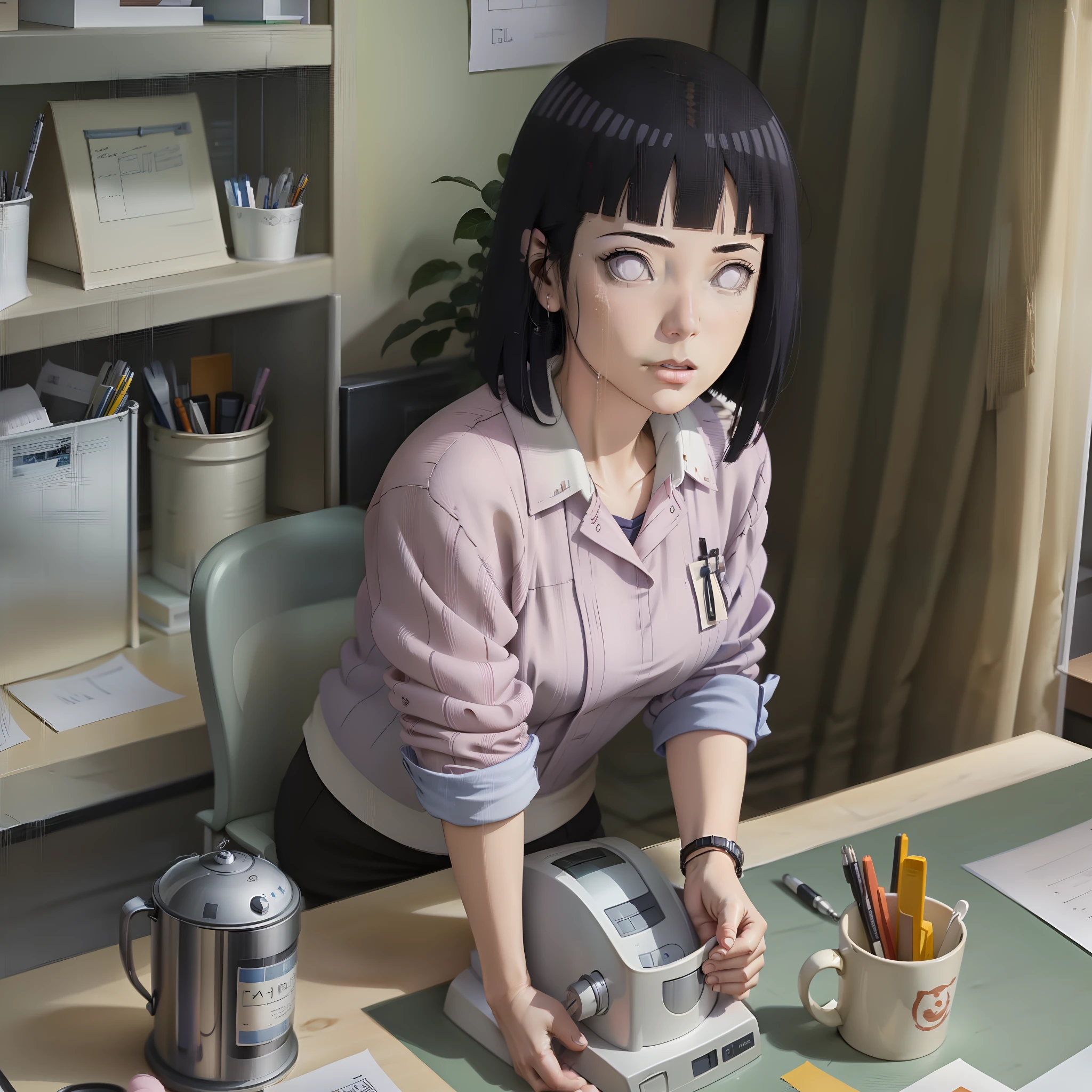 Hinata working in an office , masterpiece, great details, 6k , concerned