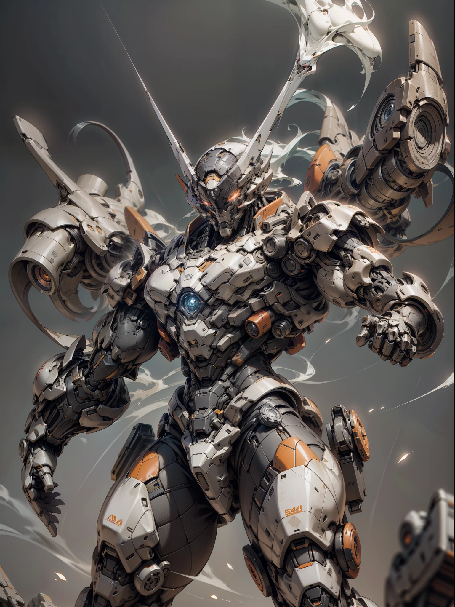 Ghost Fighter with Huge Fistholster, Super Cool Ghost Fighter, Has Huge Red Fist, Boxer, Red Mechanical Holster, Wearing Orange Mechanical Armor, Smoke Surrounding, Fighting Posture, Imposing Walking, Frontal Looking Perspective, Perfect Body Proportions, Tall Figure, Full Body Shot, Super Detail, Male, Ninja, Metal Mecha, With Black Mask, Wearing Black Mechanical Armor, Glowing Red Eyes, Perfect Body Proportions, Full Body Shot, Looking Up View, Super Detail, IP by Pop mart, edge light, avatar, octane rendering, blender, clean black background, 3d, c4d, best quality, very detailed, ancient technology, HDR (high dynamic range), ray tracing, nvidia rtx, super resolution, unreal 5, subsurface scattering, PBR texture, post-processing, anisotropic filtering, depth of field, maximum sharpness and sharpness, multi-layer textures, albedo and highlight maps, surface shading, accurate simulation of light-material interactions, perfect proportions, octane rendering, Two-tone illumination, low ISO, white balance, rule of thirds, wide aperture, 8K RAW, high efficiency sub-pixels, subpixel convolution, luminous particles, light scattering, Tyndall effect