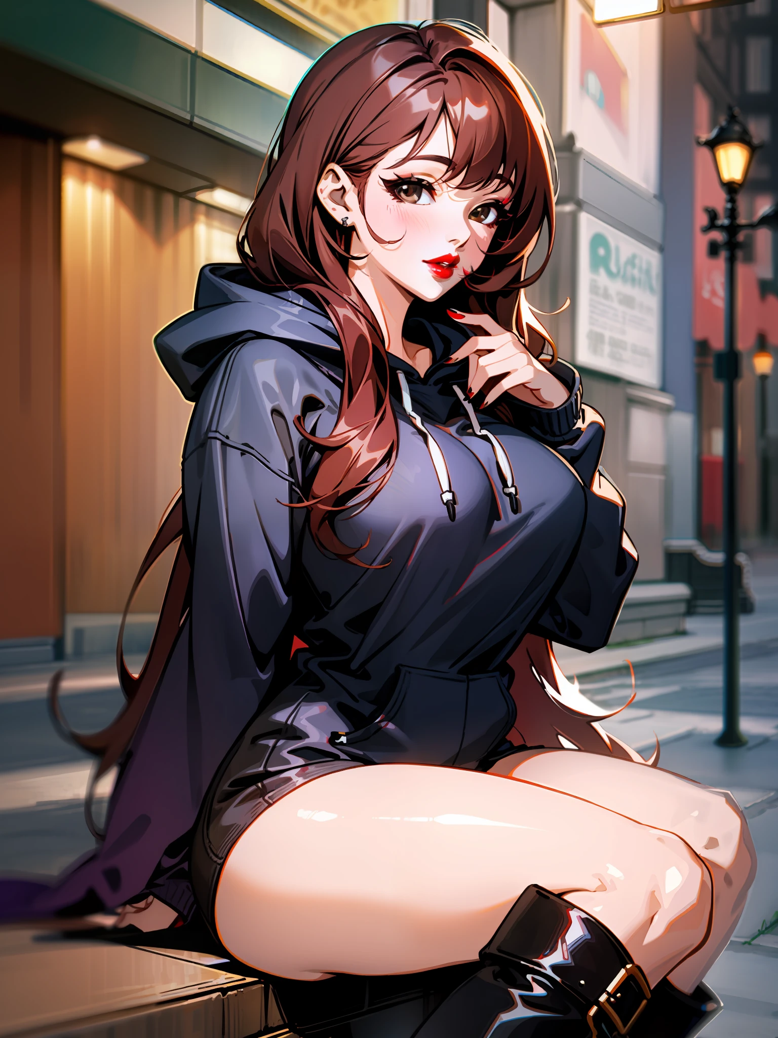 , reddish brown hair, long hair, sexy lips, red lips, big hoodie, black long boots, thick thighs, background is night park