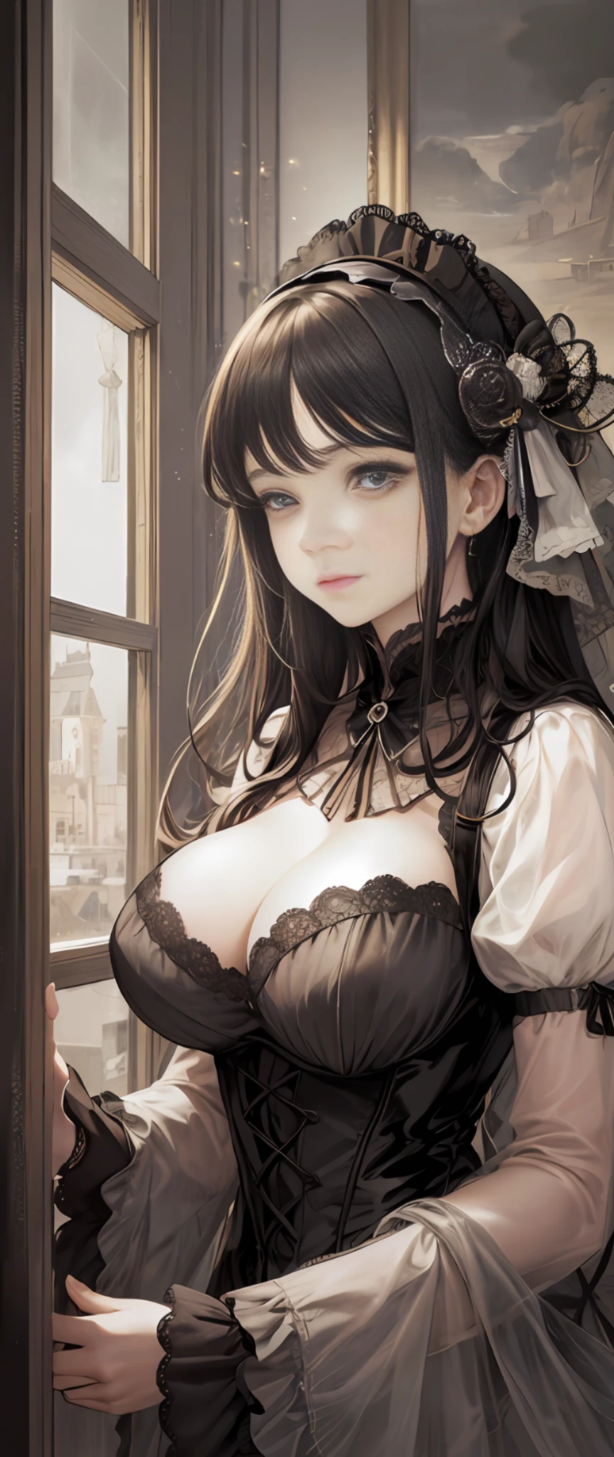 (Pure Color: 0.9), (Color: 1.1), (Masterpiece: 1,2), Best Quality, Masterpiece, High Resolution, Original, Highly Detailed Wallpaper, Beauty, Beauty, Victorian, Dress, Melancholy, Big Breasts, --auto --s2