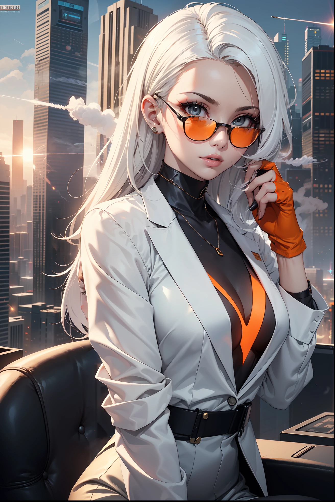(masterpiece:1.3), (8k, photorealistic, RAW photo, best quality: 1.4), (1girl), beautiful face, (realistic face), Nice hairstyle，Realistic Eyes，Nice detail eyes，（Realistic Skin），Beautiful Skin，Ridiculous，attractive，Ultra high Resolution，an ultra realistic，RAWExtremely detailed，golden proportions, Woman wearing business outfit, white formal blazer, white blouse, white high waist business skirt, beautiful, masterpiece, best quality, perfect lighting, (white hair:1.4), long hair, (grey eyes:1.2), slender build, thin, medium breasts, business woman, ceo of small arms and aerospace centered mega corporation, sitting in luxurious black office chair, giant modern window with view of dusk cyberpunk city skyline in background, torso shot, dusk, (cyberpunk city background:1.3), (Hazy sky:1.2), (Dim red sun:1.3), eyelashes, dark eyeliner, cyberpunk, older, sleek modern-futuristic office, (white clothes:1.2), (aerospace:1.1), (orange flare with lense flare and white smoke trail rising in distance:1.4)