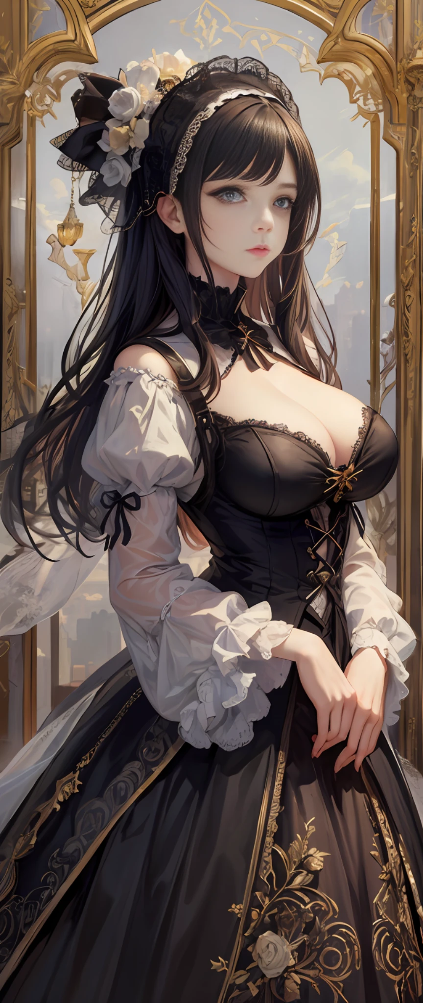 (Pure Color: 0.9), (Color: 1.1), (Masterpiece: 1,2), Best Quality, Masterpiece, High Resolution, Original, Highly Detailed Wallpaper, Beauty, Beauty, Victorian, Dress, Melancholy, Big Breasts, --auto --s2