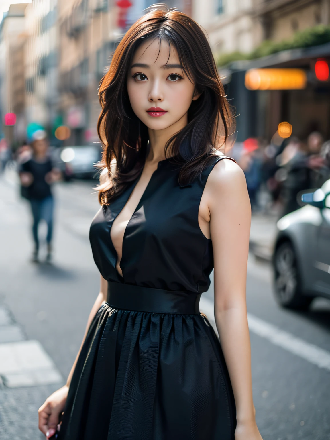 Woman posing seductive on street corner, top quality, high resolution, 8k, girl alone, outdoor, (street: 0.8), (people, crowd: 1), sleeveless dress, black dress: 1.5), gorgeous, (medium hair), (dynamic pose: 0.8), (upper body: 1.2), soft lighting, wind, glossy skin, gaze,