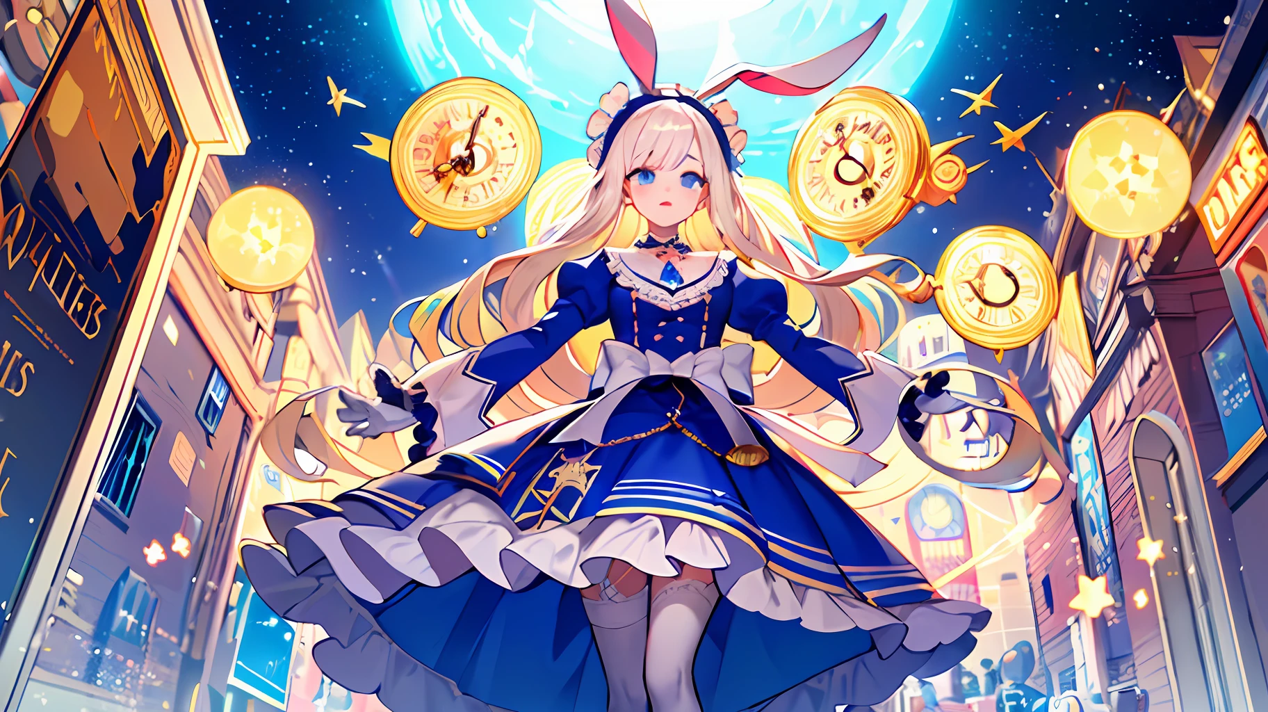 Super gorgeous, extreme multiplication, shiny crystal, (beautiful detailed eyes), movie lighting, white hair, blue eyes, long blonde hair, curly hair, Roman curls, princess sleeves, frills, glowing eyes, (illuminated particles), cloudy, alice in wonderland, blue eyes, light blue skirt, walking stick, dramatic composition, extreme detail, high resolution, Mr. Rabbit, white rabbit, pocket watch, playing cards flying in the air, Lolita dress, blue and white striped stockings, bow, look at the camera, socks with frills, pearl necklace, Lace gloves, large bow headdress, ribbon, jump, fall, levitation, cloudy, starry, dreamy