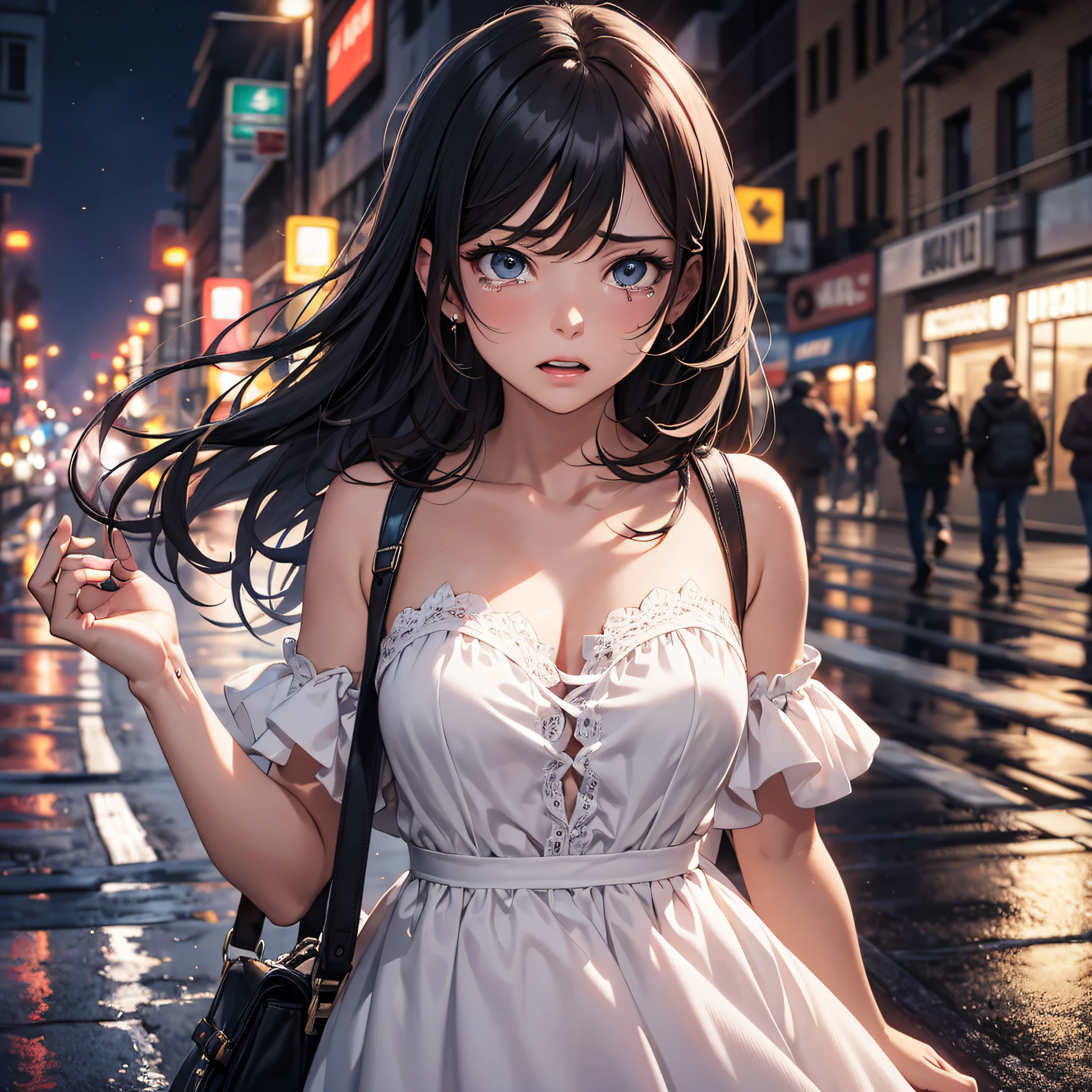 Absurd resolution, high resolution, (masterpiece: 1.4), hyperdetail, night, white dress, black haired young woman, crying expression, running, in the middle of an empty street