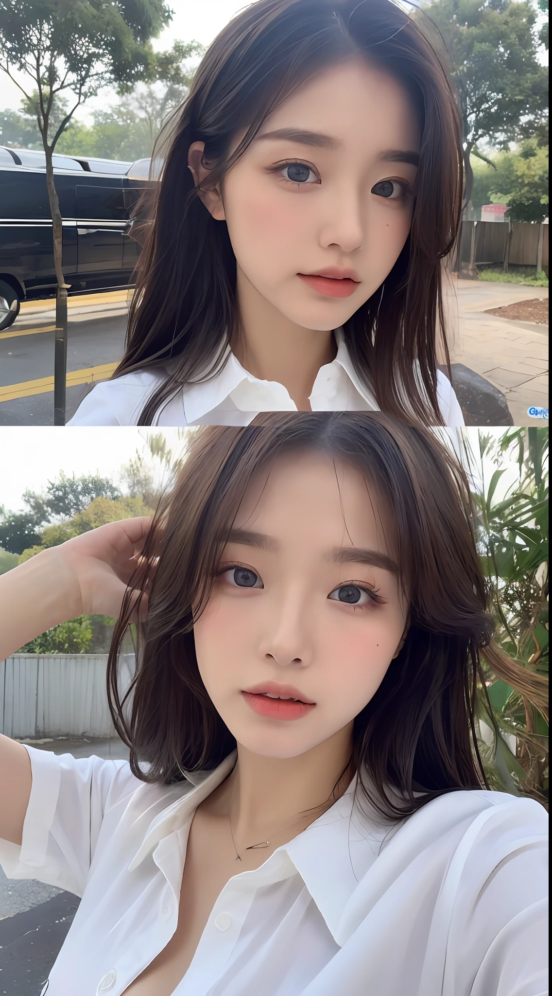 ((Top Quality, 8K, Masterpiece: 1.3)), Sharp Focus: 1.2, Beautiful woman with perfect body: 1.4, Slender abdomen: 1.2, ((Layered hairstyle, big breasts: 1.2)), (No bra) (Small and beautiful hard (thin and damp buttons up to shirt length: 1.1), (rain-soaked white shirt), (Rain, distance: 1.2), wet body: 1.1, very delicate face and skin texture, detailed eyes, double eyelids, tanned skin, sexy, tan, real skin, Real eyebrows, blue eyeballs.