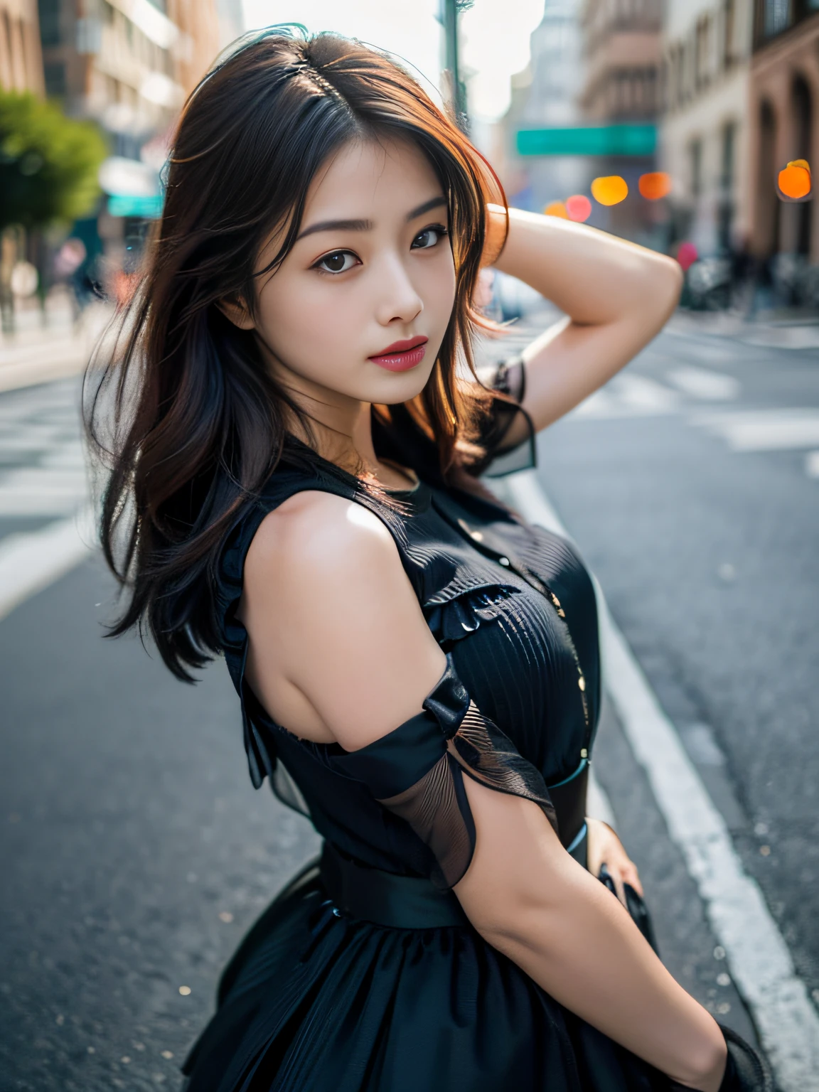 Woman posing seductive on street corner, top quality, high resolution, 8k, girl alone, outdoor, (street: 0.8), (people, crowd: 1), sleeveless dress, black dress: 1.5), gorgeous, (medium hair), (dynamic pose: 0.8), (upper body: 1.2), soft lighting, wind, glossy skin, gaze,