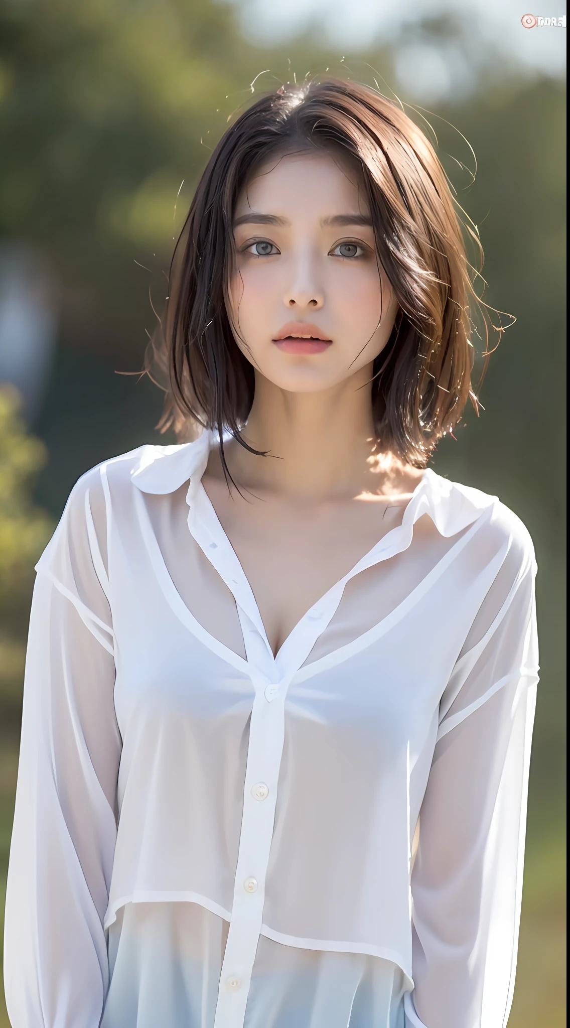 ((Top Quality, 8K, Masterpiece: 1.3)), Sharp Focus: 1.2, Beautiful woman with perfect body: 1.4, Slender abdomen: 1.2, ((Layered hairstyle, big breasts: 1.2)), (No bra) (Small and beautiful hard (thin and damp buttons up to shirt length: 1.1), (rain-soaked white shirt), (Rain, distance: 1.2), wet body: 1.1, very delicate face and skin texture, detailed eyes, double eyelids, tanned skin, sexy, tan, real skin,  Real eyebrows, blue eyeballs.