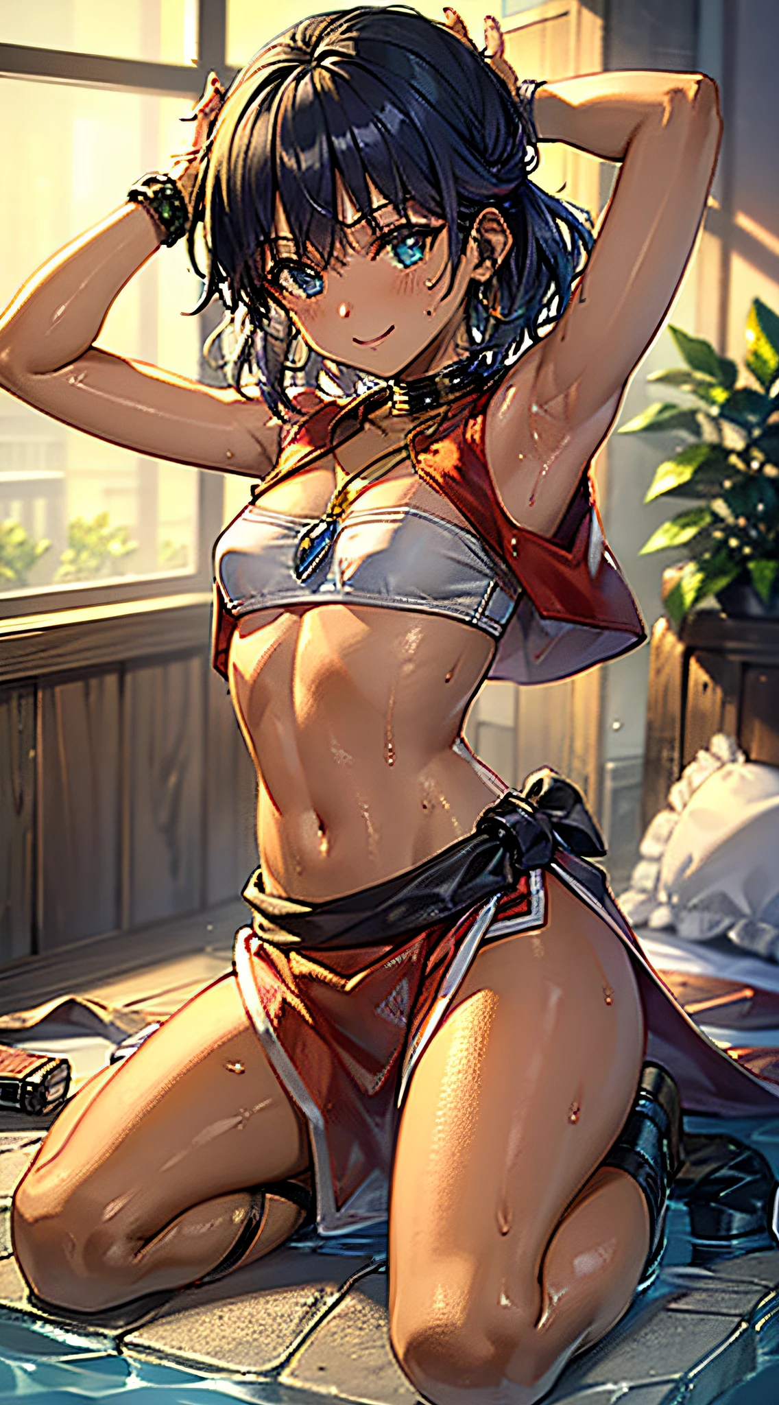 (masterpiece, top quality; 1.3), very detailed, 1 girl, solo, detailed skin, look viewer, dark skin, smile, moody, small breasts, cowboy shot, nadia, dark purple hair, armpits, white bando swim shiutsu, red vest, gold color, large light blue jewel necklace, walking, cute pose, crisp high definition image quality, kneeling, bed, sweat, Wet hair