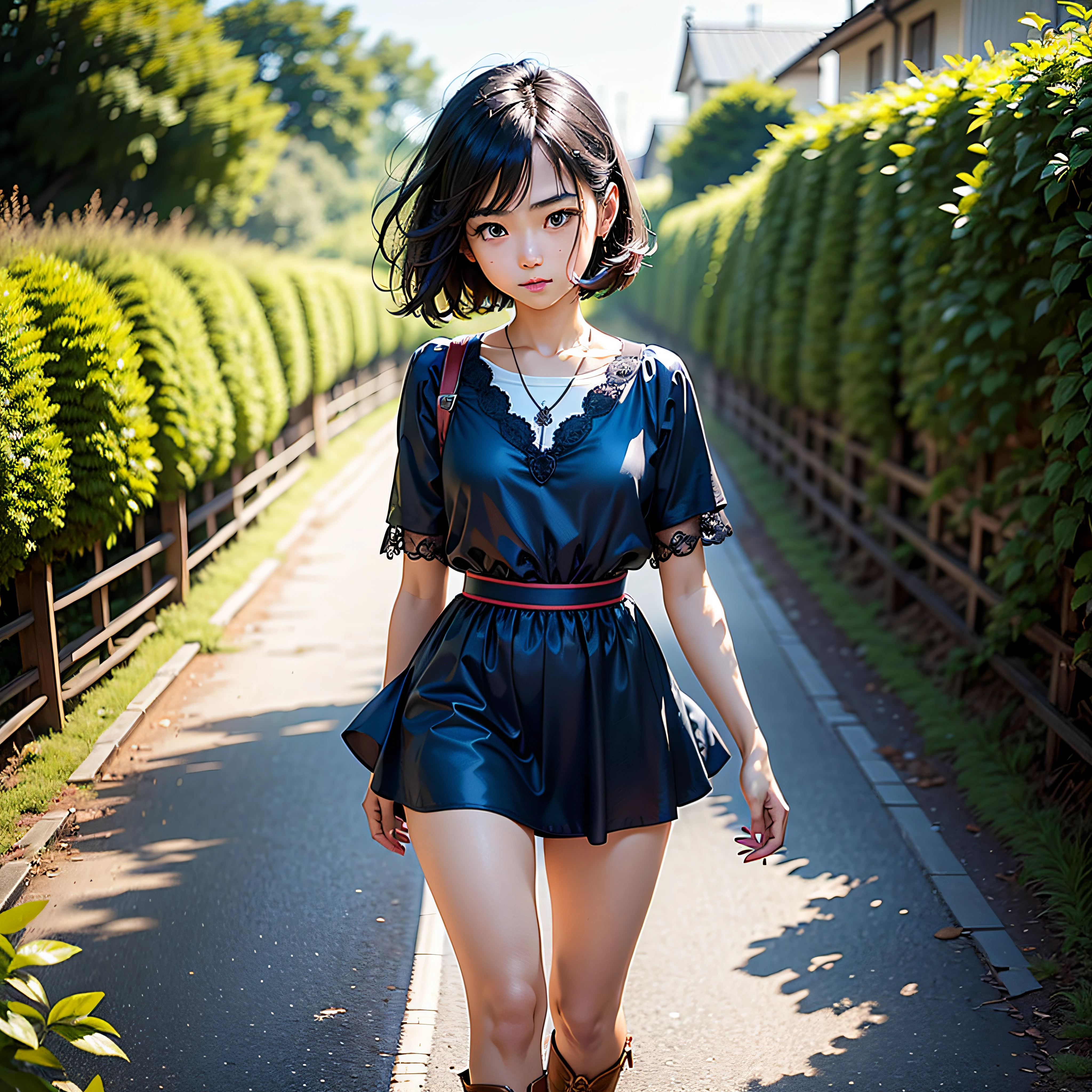 (masterpiece, highest quality, highest resolution, distinct_image, detailed detail, portrait): (Solo, lone girl, face is Japan, short cut, girl with black hair, (perfect body: 1.4), sparkling blue colored eyes, blue dress figure, very delicate and beautiful, detailed skin, slim body, gentle smile, heroine, headset, boots, front, Towards the viewer), rural landscape
