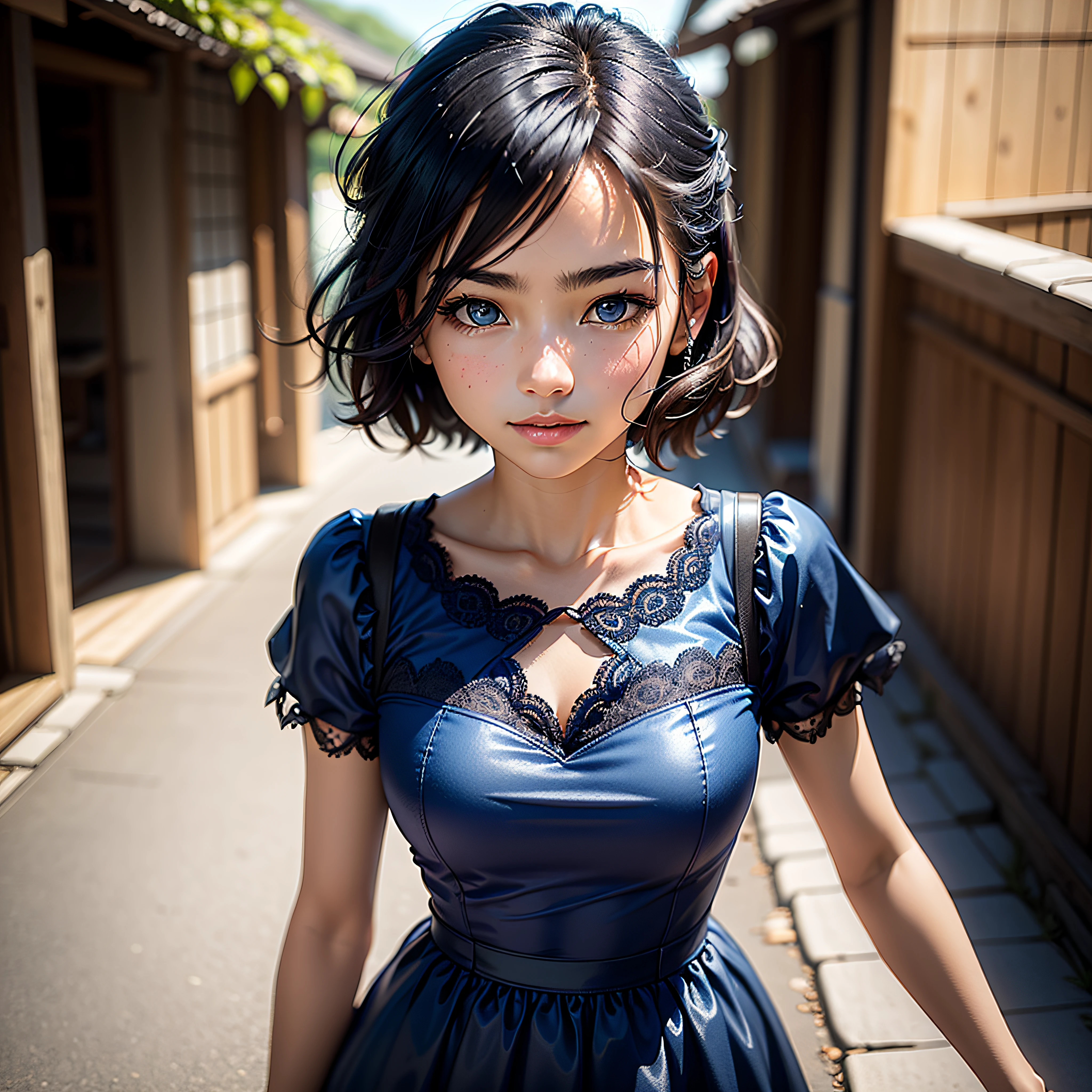 (masterpiece, highest quality, highest resolution, distinct_image, detailed detail, portrait): (Solo, lone girl, face is Japan, short cut, girl with black hair, (perfect body: 1.4), sparkling blue colored eyes, blue dress figure, very delicate and beautiful, detailed skin, slim body, gentle smile, heroine, headset, boots, front, Towards the viewer), rural landscape