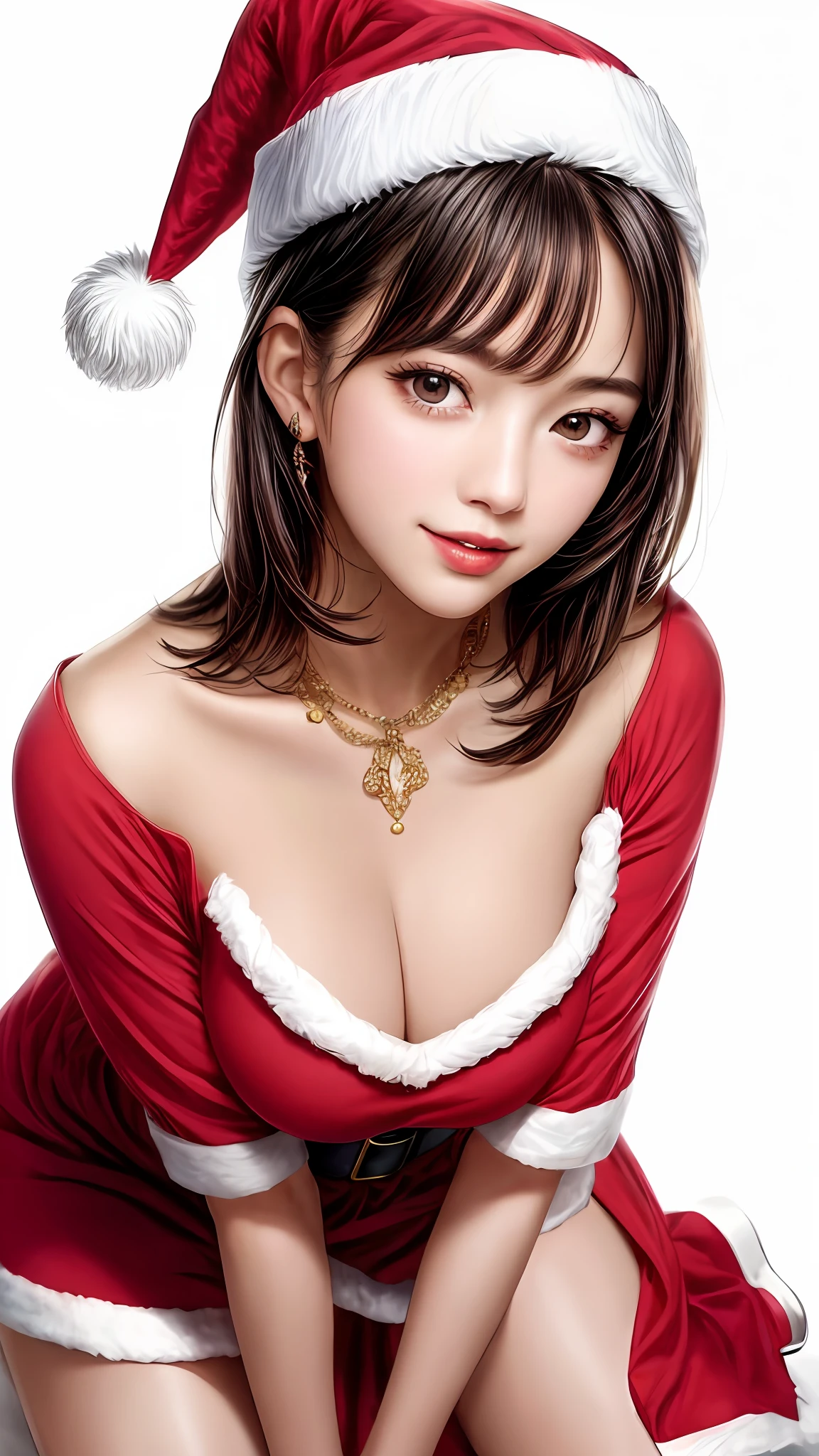 Pee (incontinence: 1.47), fashion trendy beautiful and attractive woman, gentle and attractive Chinese beautiful woman, Korean (kpop idol), delicate and sexy collarbone, attractive oval face, double eyelids, smart [peach] flower eyes, pink lips, small nose, bare shoulders, focus on face, [[face close-up], ultra high definition, super detail, White off-shoulder lace shirt, (((black) lace panties), fresh and impressive, natural (large: 1.25), (kneeling on the ground), (legs wide open), (legs spread), (from a low angle), (upright 1.5), (shiny skin: 1.4), (low angle)), perfect figure, areolas, cleavage, armpit wrinkles, (floor urine)), (NSFW: 1.05), ( Showpiece, top quality, high precision)), one girl, (big, photorealistic: 1.4), (slightly above the camera, looking up at the camera, looking up, looking up at the camera, staring at the camera))), solo, solo, white background, snow-white background, mouth closed, happy smile, pretty black hair, short hair, big eyes, pronounced double eyelids, eyelashes, ears out, long neck, long neck, Absolute area, ((close-up of face, short hair with bangs)), 19 years old, attractive proportions, shiny skin, clean collarbone, golden ratio face, perfect face, teardrop mole, chest mole, bangs, clean bangs, beautiful bangs, lip gloss, thin lips, white skin, undressed, big breasts, small face, staring at the camera a little upwards, ((smiling a little at the camera, really nothing pure white backgroundVery big, big big, big breasts)), (((Santa Claus costume, Santa Claus hat)))