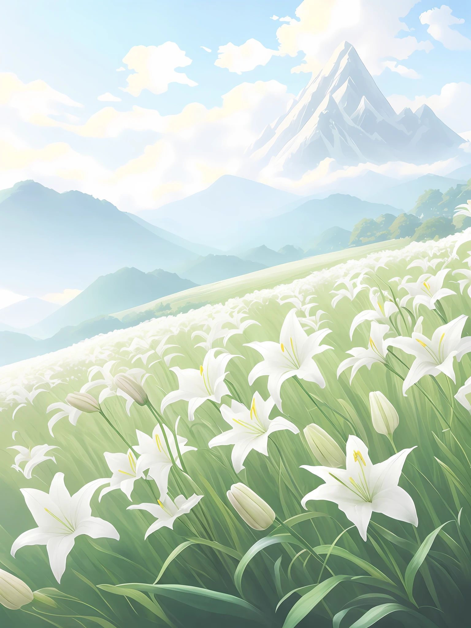 painting of a field of white flowers with a mountain in the background, lilies, white lilies, studio glibly makoto shinkai, ross tran. scenic background, by Yang J, big lilies, ( ( makoto shinkai ) ), by Li Song, lillies, by Pu Hua, makoto shinkai. —h 2160