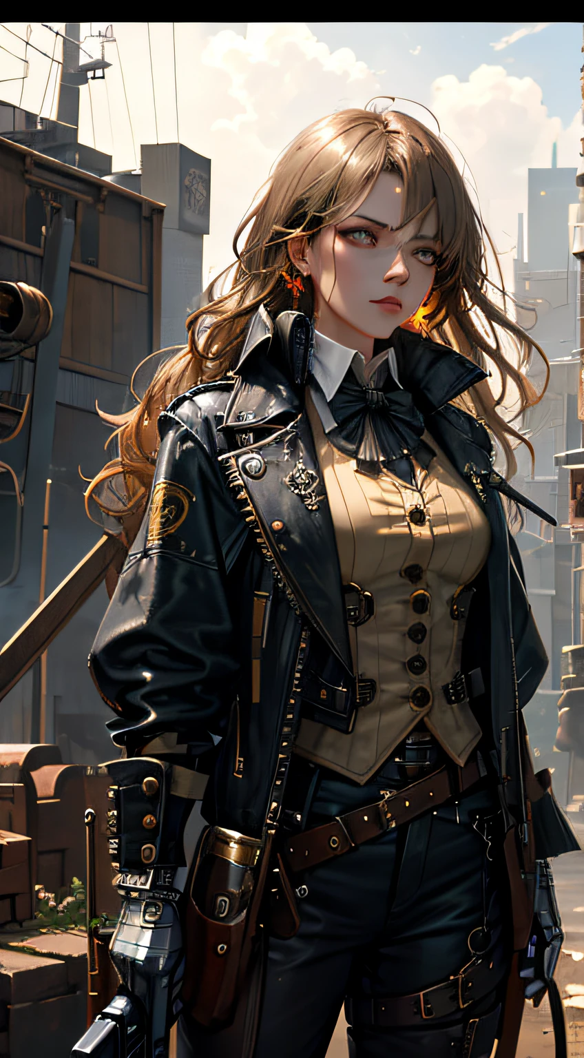 (mechanical rune woman, angry face, sexy body, very obvious carmelto, holding a rifle gun), (ridiculous, high definition, super detailed), 1woman, mature female, age, wavy long hair normal random hair color, fine eyes and detailed face, extremely detailed CG Unity 8k wallpaper, intricate details, (style steampunk: 0.8), (full steampunk clothes), portrait, half shot, detailed background, (steampunk theme: 1.1), floating lights, colorful leather vest with gears, technical clothing, jetpack, workshop in background, machine, gear, steam, industrial, technology, stove, dirt, anvil, button, lever, automata, electricity, electric spark epic atmosphere, portrait