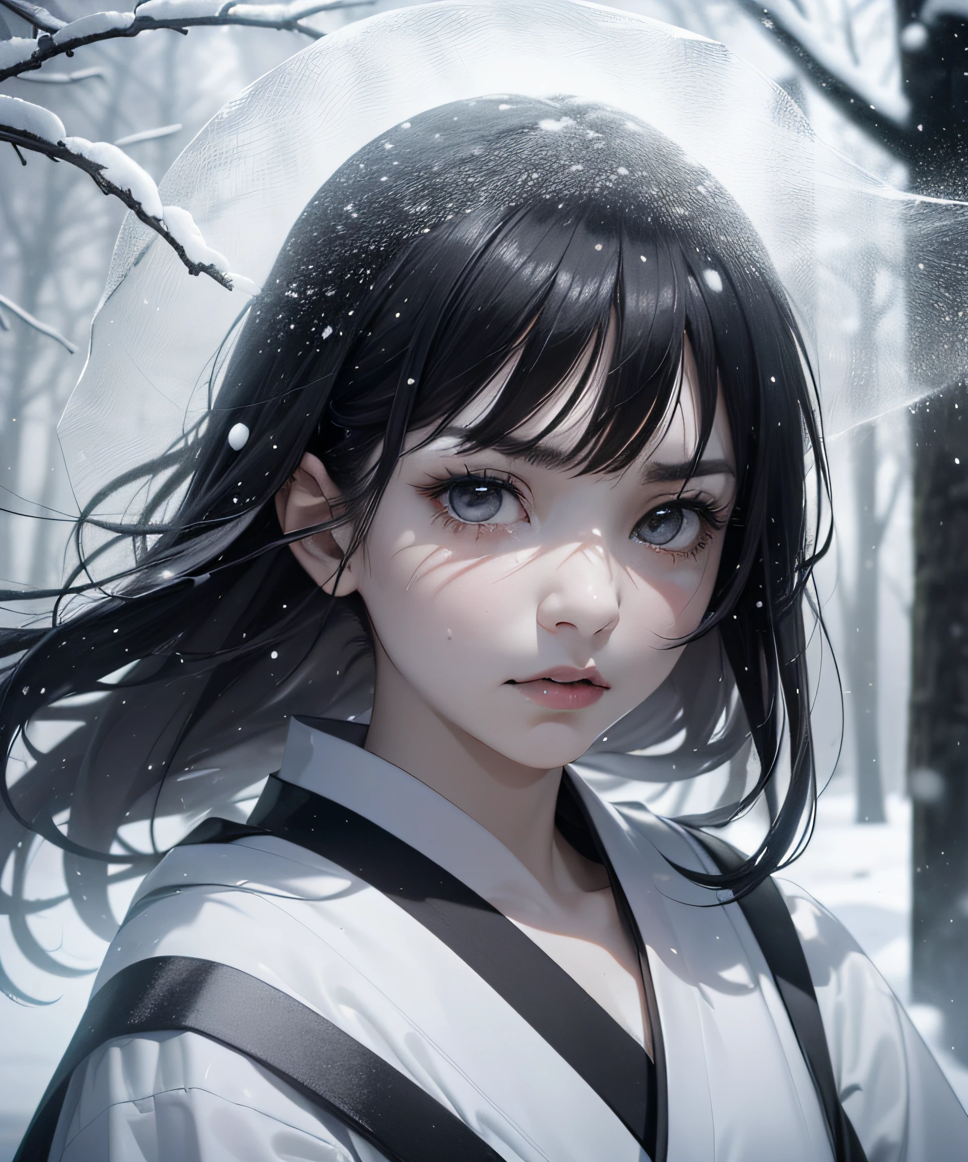 Top Quality, Realistic, Jet Black Background, High Resolution, Soft Focus, (Snowfall: 1.5), (Haze: 1.5), (In the Deep Forest), (Snowfalling), ((Snow Light)), (Snow Storm)), (Snow Storm)))), (Ghost of a beautiful snow woman with jet-black long black hair in a white and silver yukata), Anger, Fury, Melancholy, Shaking black hair, Hair luster, Glowing skin, Beautiful and beautiful, Bewitching, Chaos, Depth of Field, (Ghost: 1.5), (((Lose yourself in anger and forget the cold)), ((Arms spread forward)), (Monochrome: 1.5), (B&W: 1.5), (Platinum eyes glaring at you), (Gradually becoming transparent from the band: 1.5))))