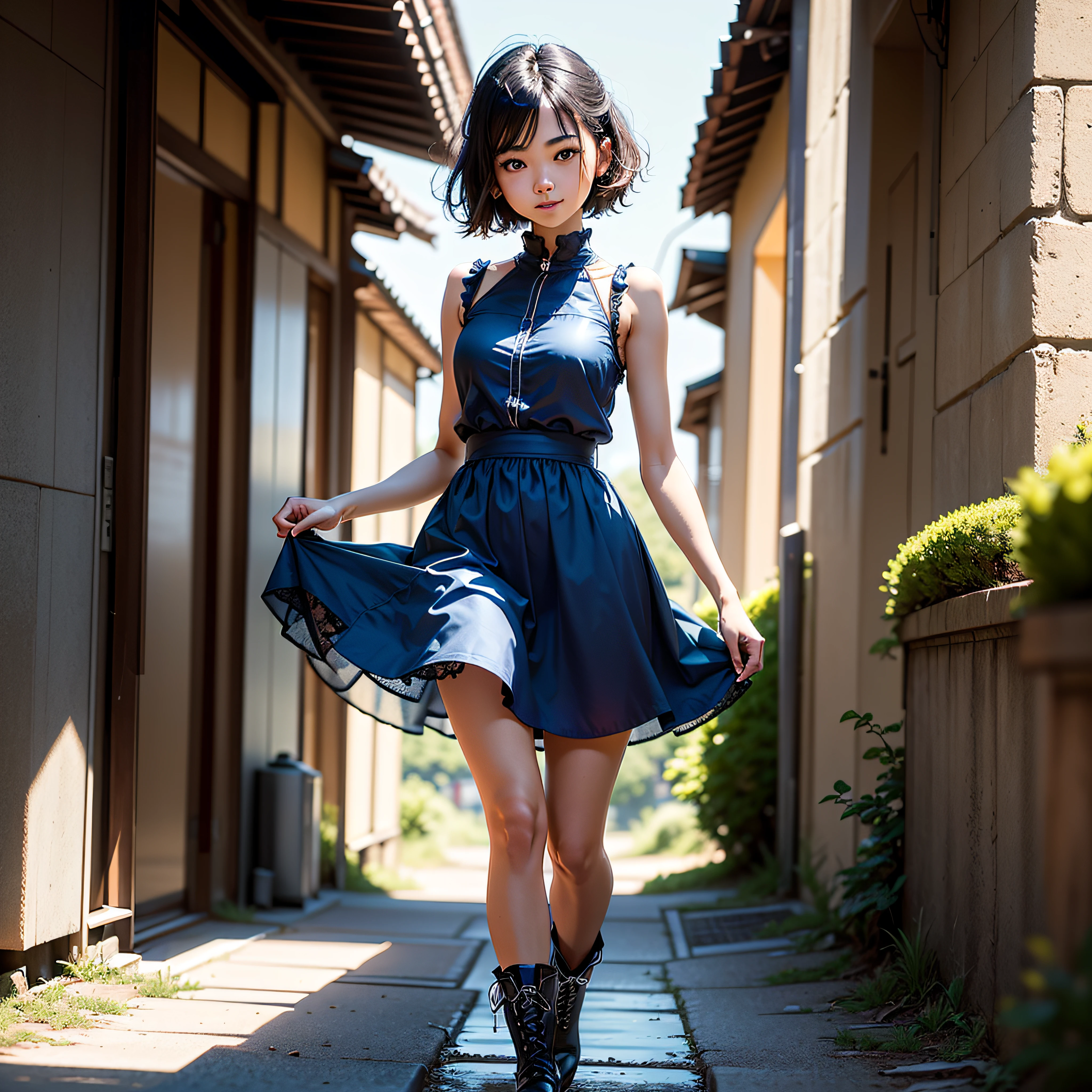 (masterpiece, highest quality, highest resolution, distinct_image, detailed detail, portrait): (Solo, lone girl, face is Japan, short cut, girl with black hair, (perfect body: 1.4), sparkling blue colored eyes, blue dress figure, very delicate and beautiful, detailed skin, slim body, gentle smile, heroine, headset, boots, front, Towards the viewer), rural landscape