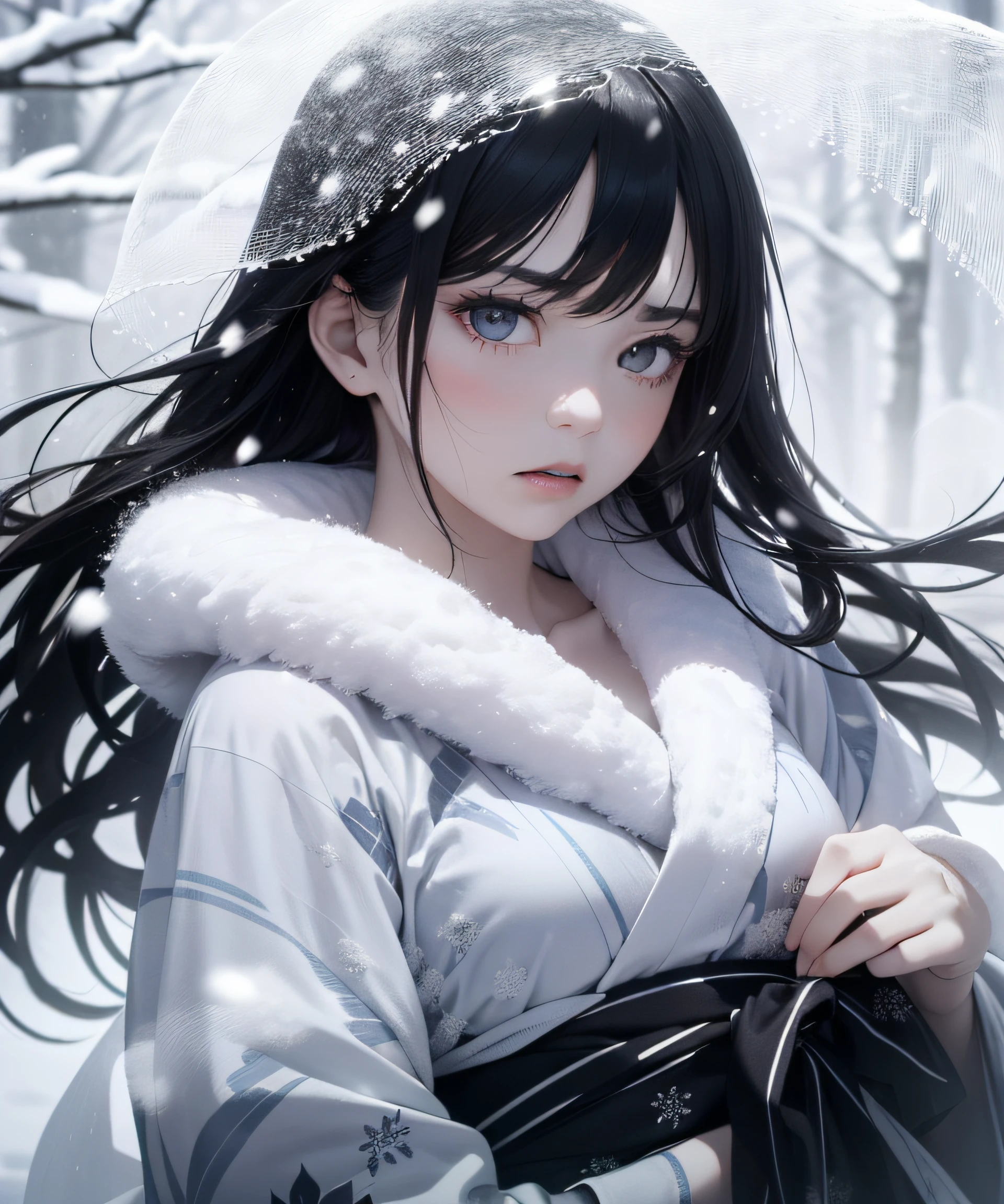 Top Quality, Realistic, Jet Black Background, High Resolution, Soft Focus, (Snowfall: 1.5), (Haze: 1.5), (In the Deep Forest), (Snowfalling), ((Snow Light)), (Snow Storm)), (Snow Storm)))), (Ghost of a beautiful snow woman with jet-black long black hair in a white and silver yukata), Anger, Fury, Melancholy, Shaking black hair, Hair luster, Glowing skin, Beautiful and beautiful, Bewitching, Chaos, Depth of Field, (Ghost: 1.5), (((Lose yourself in anger and forget the cold)), ((Arms spread forward)), (Monochrome: 1.5), (B&W: 1.5), (Platinum eyes glaring at you), (Gradually becoming transparent from the band: 1.5))))