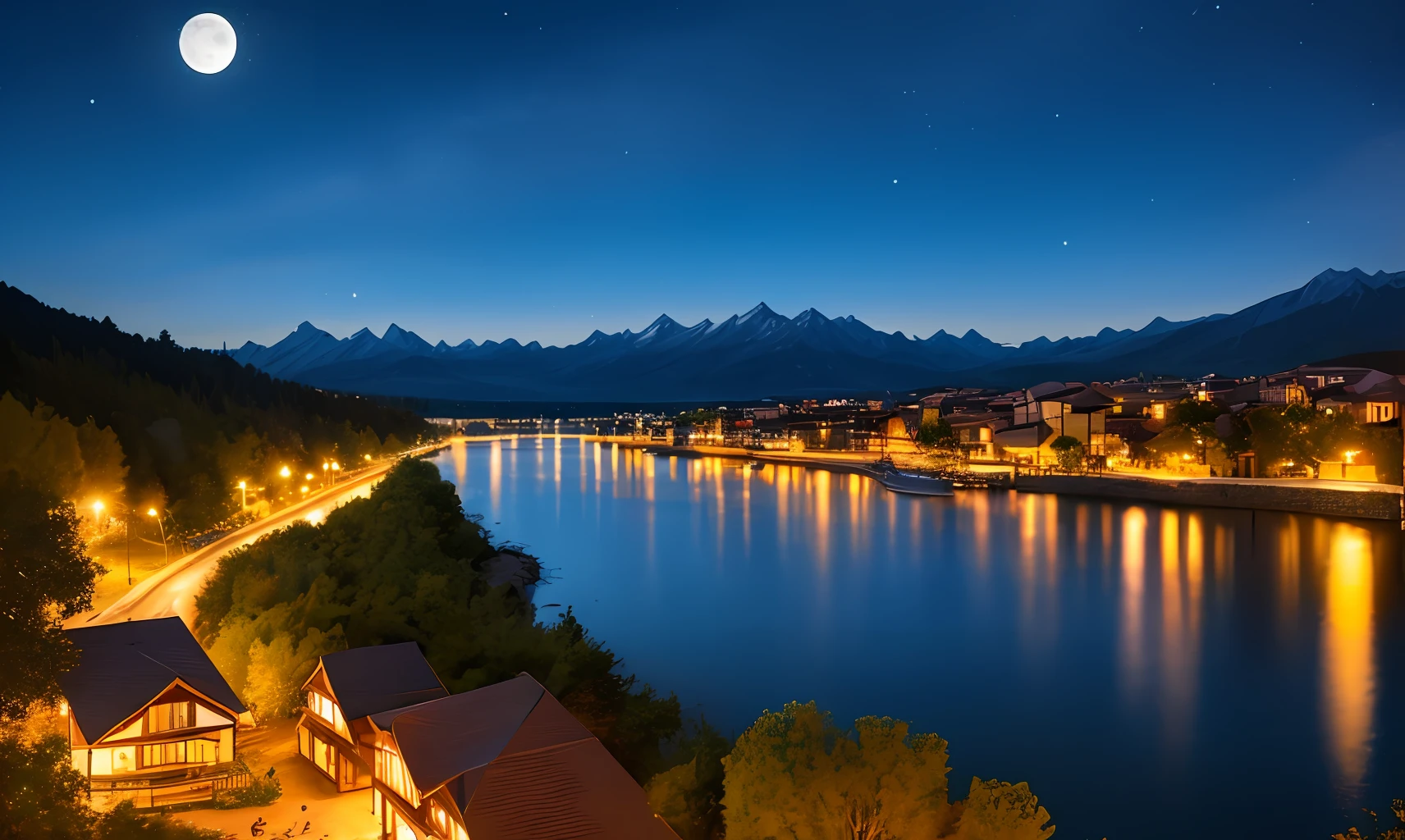 Top Quality High Definition Night View River Small Boat
Mountain Moon Bonfire