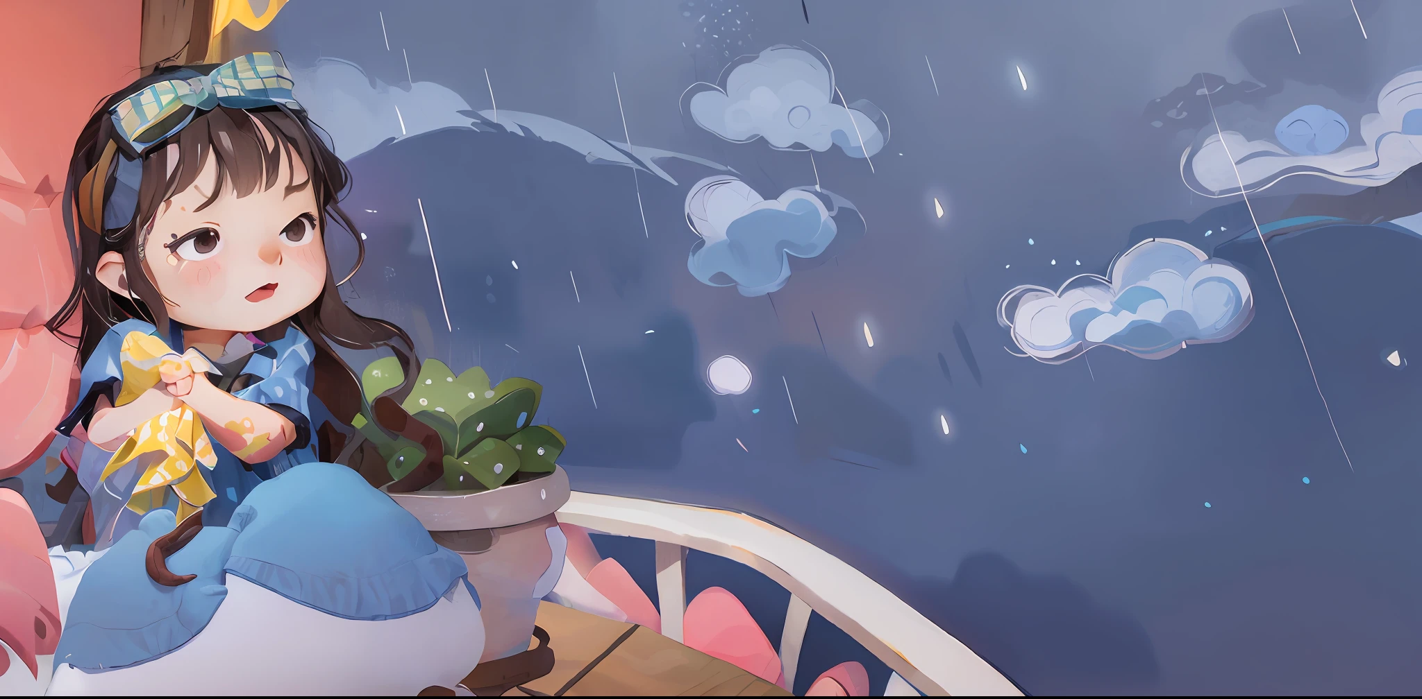 boat with yellow handkerchief on rainy day. Game rendering, cloudy, it's raining outside the window, it's raining. Ultra detailed, Loepfe art style, blurry and dreamy illustrations, raining outside, rainy afternoon, rainy! , dream illustration, computer screenshot, cloudy weather, more thunderstorm, rainy day, Loepfe art, rainy day kids iltration children'sy