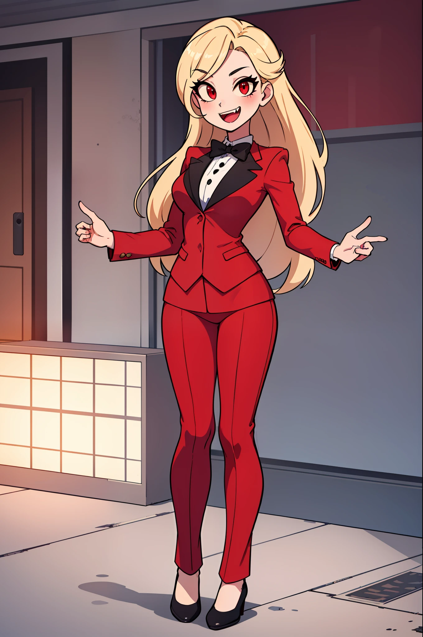 (masterpiece, best quality:1.2), full body, standing, solo, 1girl, charlie morningstar, \:d, looking at viewer, long hair, red suit, red pants, mature women, red eyes, black bow tie, black shoes, fang tooth