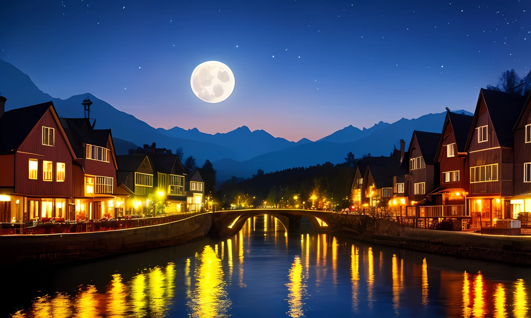 Top Quality High Definition Night View River Small Boat
Mountain Moon Bonfire