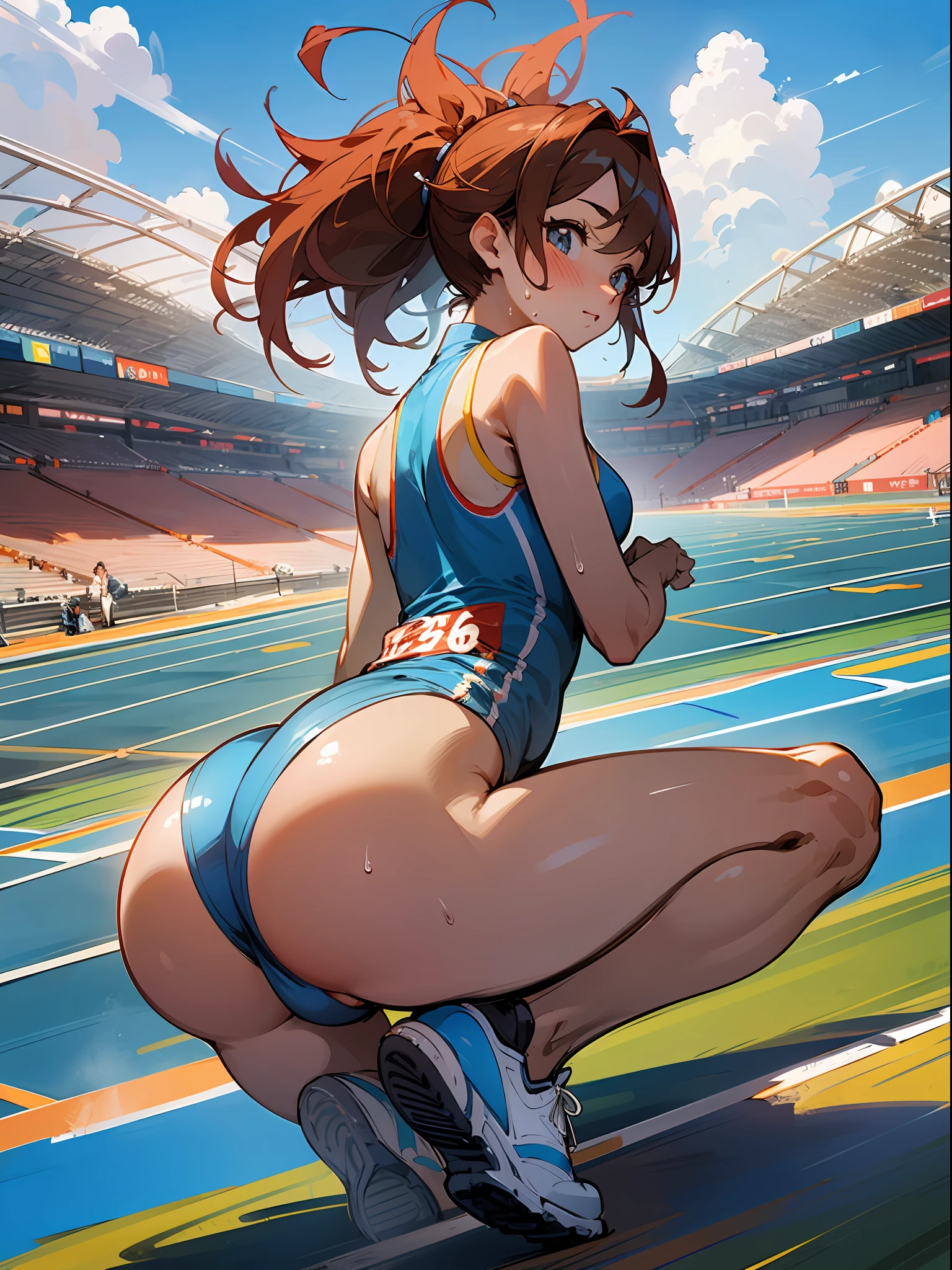 masterpiece, super high quality, super detail, perfect drawing, solo, girl, track and field, running wear, bloomer, running shoes, crouching start, back figure, round and cute ass, fleshy ass, ass thrust pose, B99W66H110, plump, blush, sweat, tanned skin, bursting smile, 18 years old, blue sky, cumulonimbus, shining sun, land track, ground, Stadium, diagonally down frontal shot, bust up, see-through